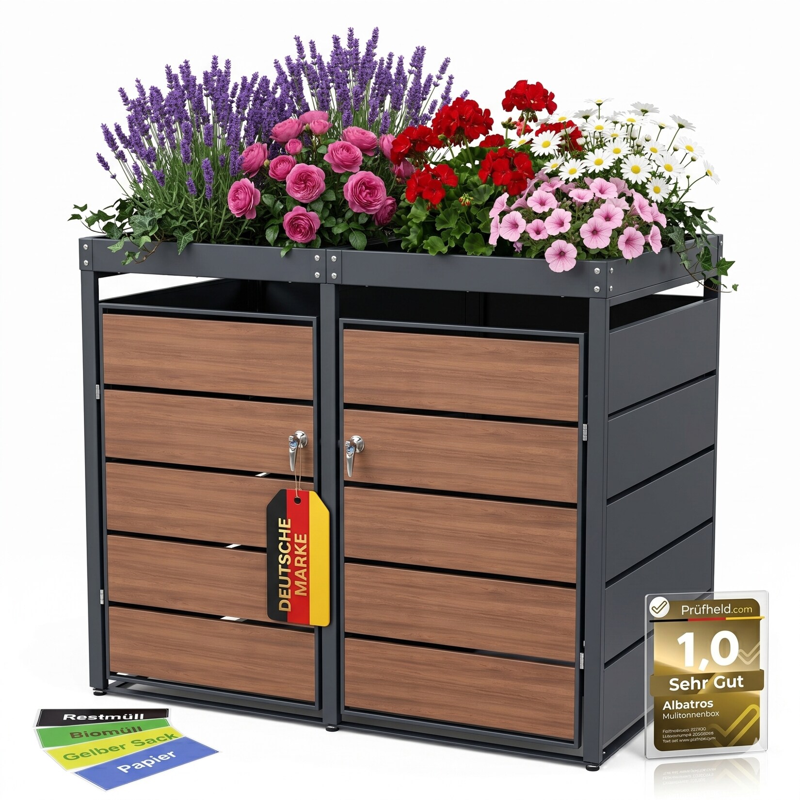 Mülltonnenbox 2er Holzdekor mit Pflanzkasten,  bis 240L, für Zwei Tonnen, Metall, Anthrazit Grau RAL7016, abschließbar, wetterfest, geprüft ISO9227, mit Aufkleber Set