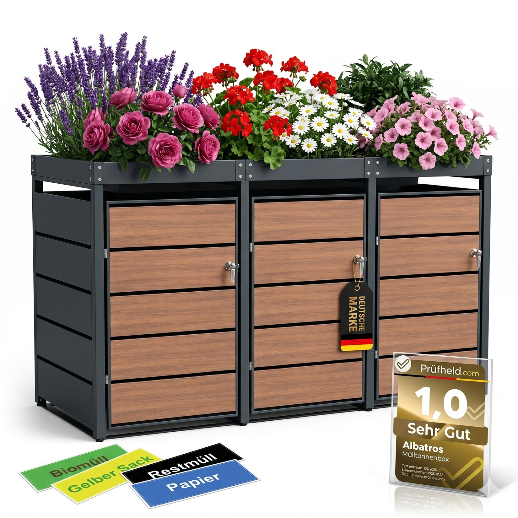 Mülltonnenbox 2er Holzdekor mit Pflanzkasten,  bis 240L, für Zwei Tonnen, Metall, Anthrazit Grau RAL7016, abschließbar, wetterfest, geprüft ISO9227, mit Aufkleber Set