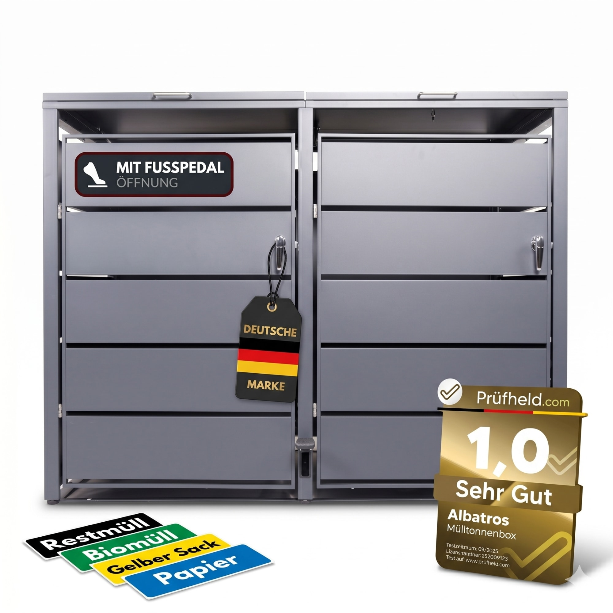 M&uuml;lltonnenbox 2er mit Pedal, 120L bis 240L, f&uuml;r Zwei Tonnen, Metallverkleidung aus verzinktem Stahl, Anthrazit Grau RAL7016, abschlie&szlig;bar, wetterfest, ISO9227, mit Aufkleber Set - Bild 1