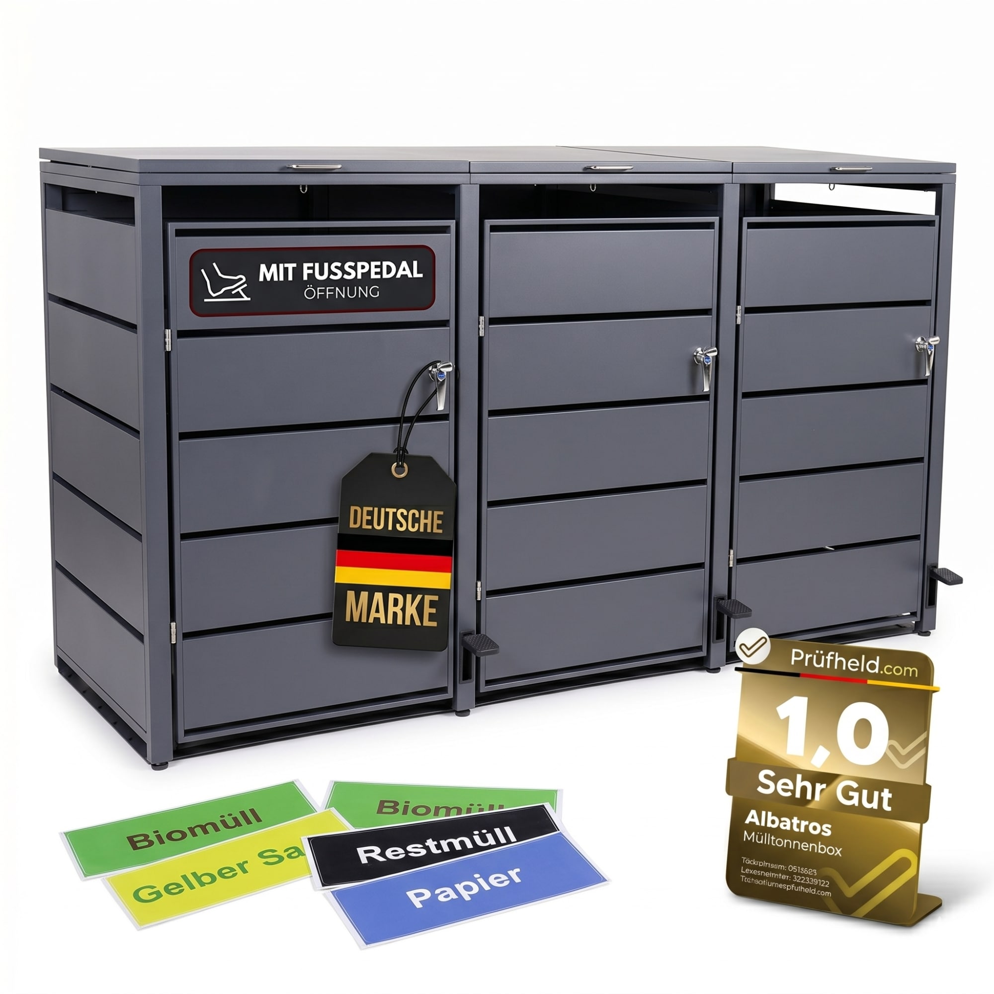 M&uuml;lltonnenbox 3er mit Pedal, 120L bis 240L, f&uuml;r Drei Tonnen, Metallverkleidung aus verzinktem Stahl, Anthrazit Grau RAL7016, abschlie&szlig;bar, wetterfest, ISO9227, mit Aufkleber Set - Bild 1