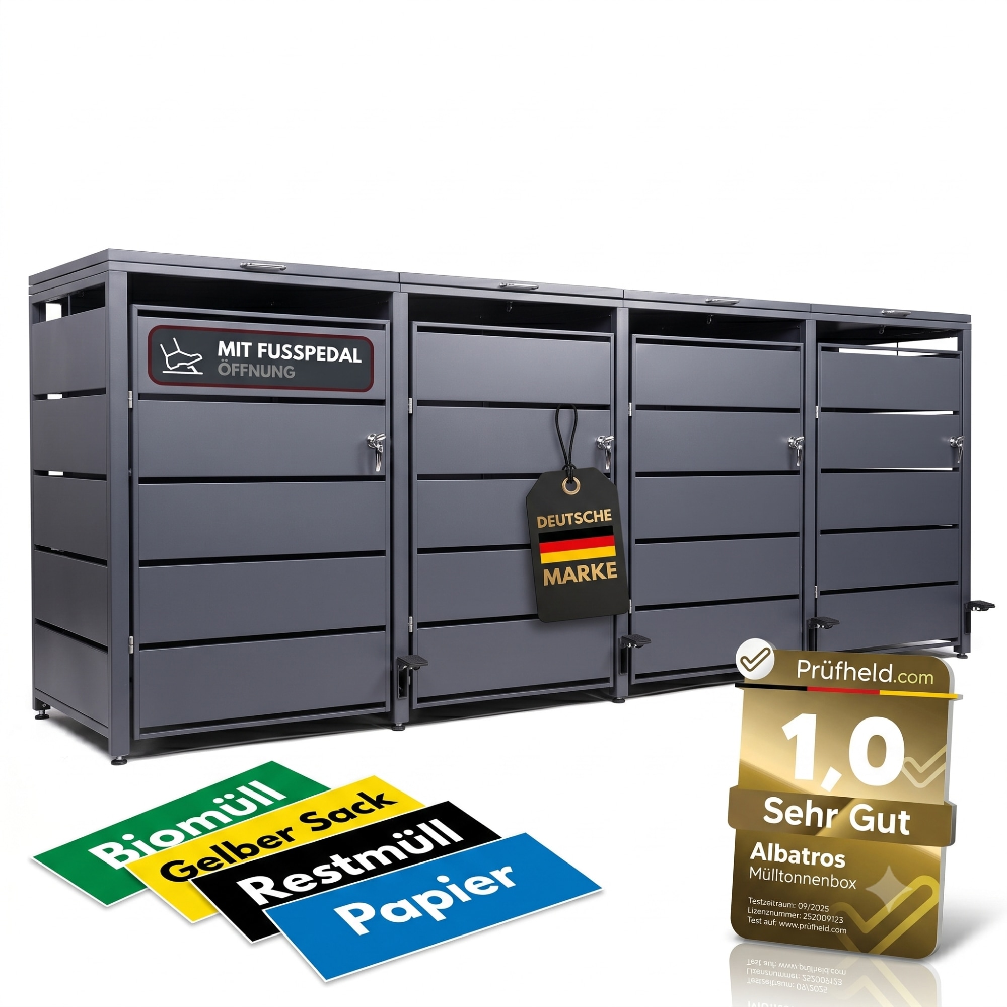 M&uuml;lltonnenbox 4er mit Pedal, 120L bis 240L, f&uuml;r Vier Tonnen, Metallverkleidung aus verzinktem Stahl, Anthrazit Grau RAL7016, abschlie&szlig;bar, wetterfest, ISO9227, mit Aufkleber Set - Bild 1