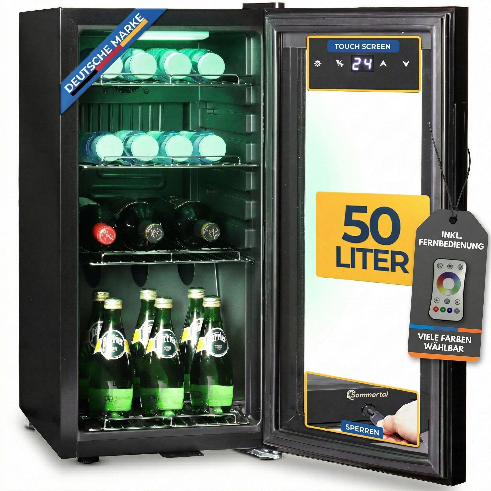 Sommertal K&uuml;hlschrank GK 50&ndash; Leiser Getr&auml;nkek&uuml;hlschrank ohne Gefrierfach mit RGB LED, Touchscreen & Schloss kleiner Flaschenk&uuml;hlschrank schwarz 50L - Bild 1