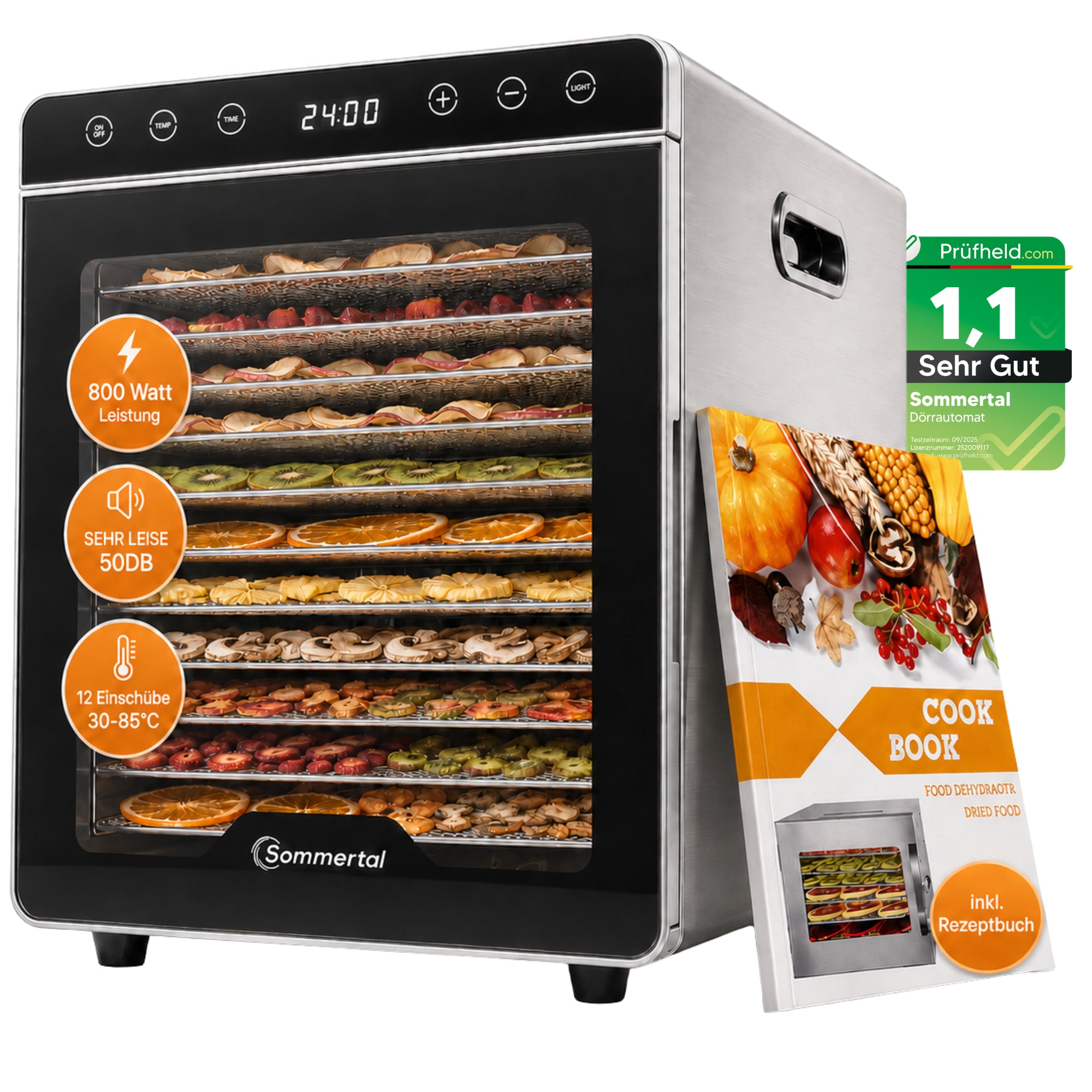 Sommertal D&ouml;rrautomat Silence 800 | 12 Einsch&uuml;be, 800W, 30&ndash;85&deg;C & 24h Timer &ndash; D&ouml;rrger&auml;t Edelstahl, Kr&auml;utertrockner & Dehydrator f&uuml;r Obst & Fleisch - Bild 1