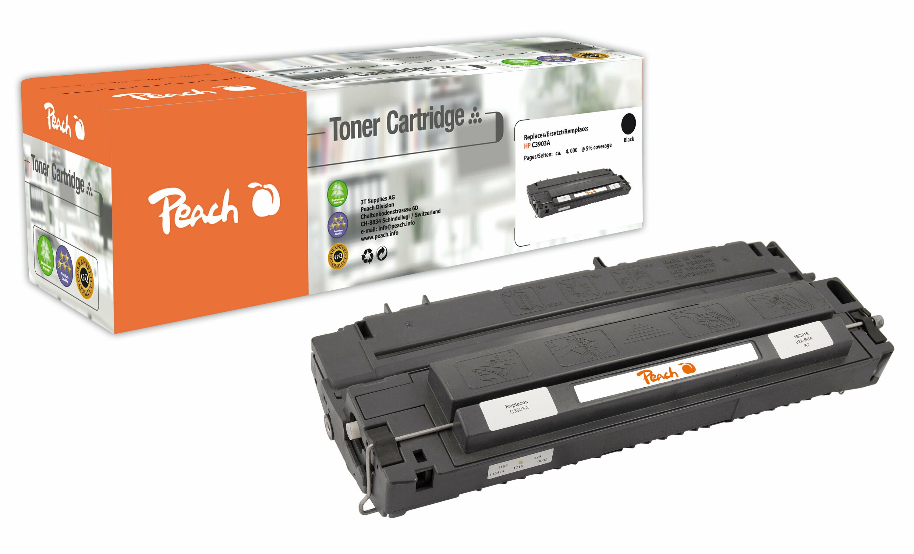 Peach HP 03 ABK Toner bk ersetzt Canon, HP No. 03ABK, EP-V/VX, C3903A f&uuml;r z.B. Canon LBPVX , HP LaserJet 5 MC, HP LaserJet 5 MP, HP LaserJet 5 MV (wiederaufbereitet) - Bild 1