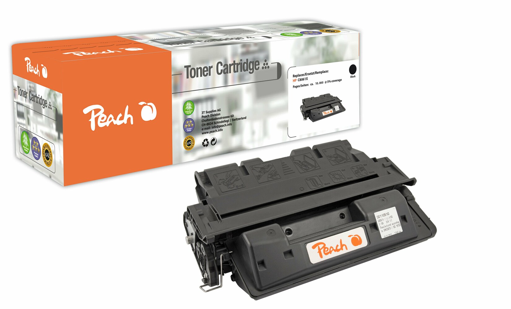 Peach HP 61 X Toner XL bk ersetzt HP No. 61X, C8061X für z.B. HP LaserJet 4100, HP LaserJet 4100 DTN, HP LaserJet 4100 MFP, HP LaserJet 4100 N (wiederaufbereitet)