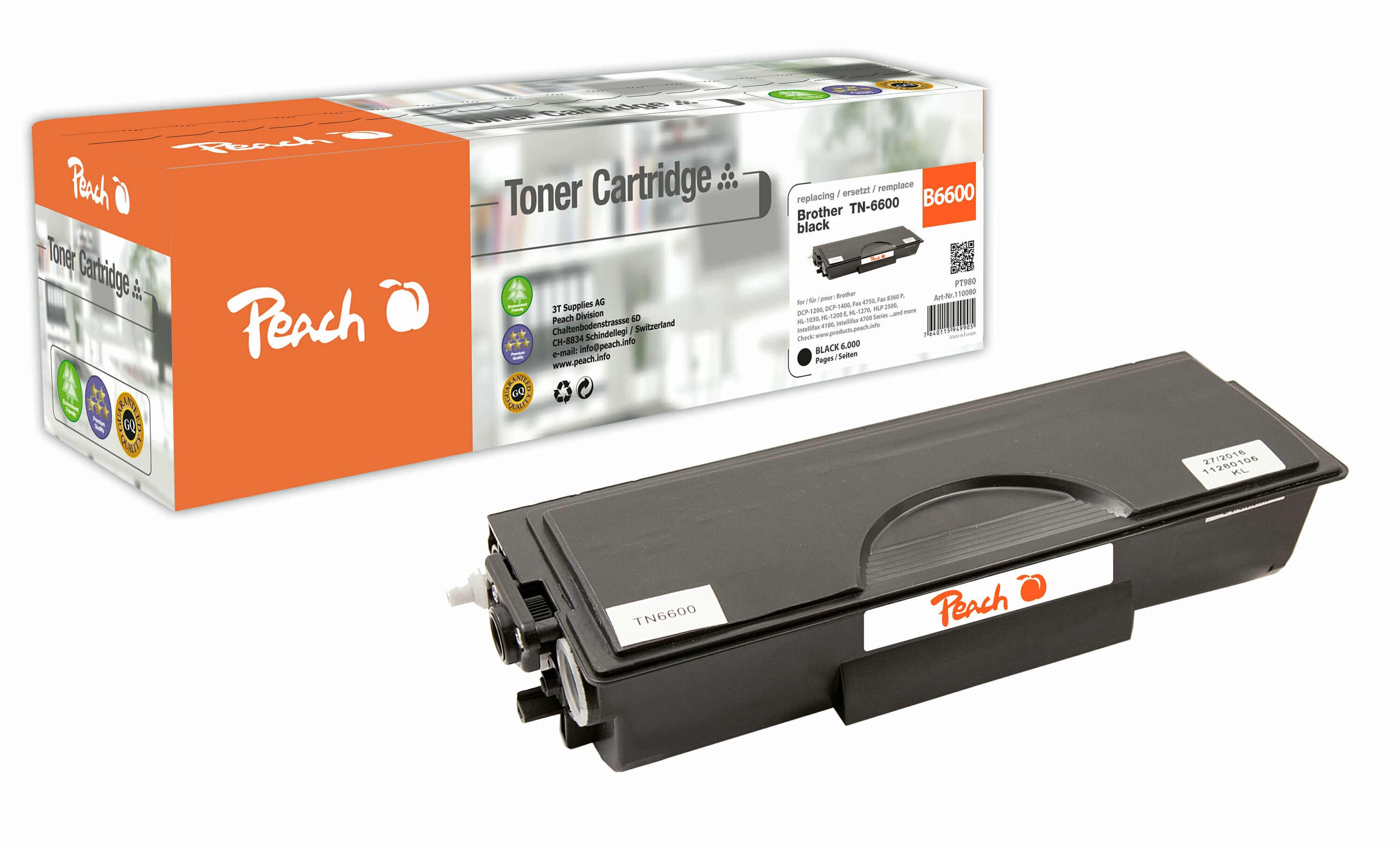 Peach B6600  Toner bk ersetzt Brother, Pitney Bowes TN-6600 f&uuml;r z.B. Brother DCP -1200, Brother DCP -1400, Brother Fax 4750, Brother Fax 5750 (wiederaufbereitet) - Bild 1