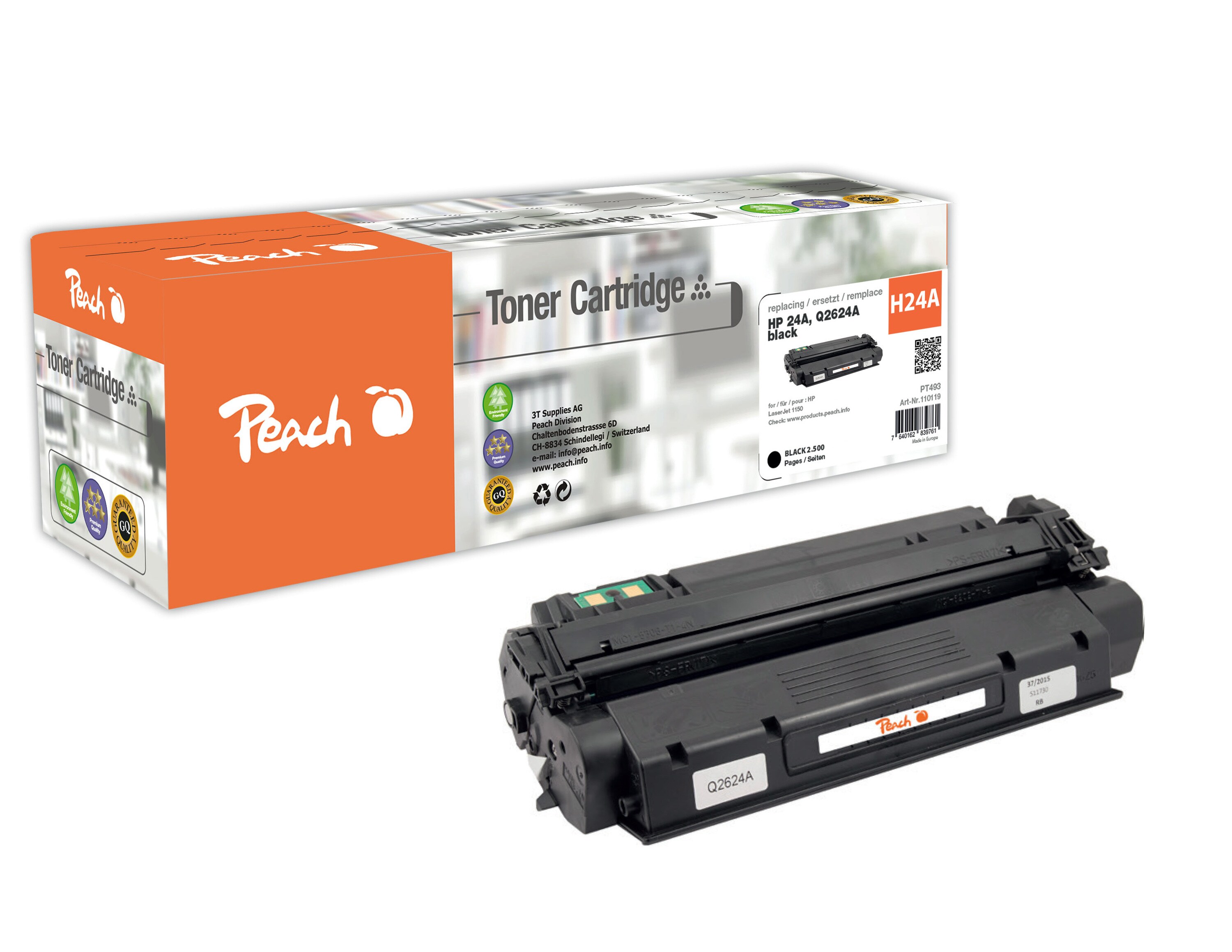 Peach HP 24 A Toner bk ersetzt HP No. 24A, Q2624A f&uuml;r z.B. HP LaserJet 1150 (wiederaufbereitet) - Bild 1