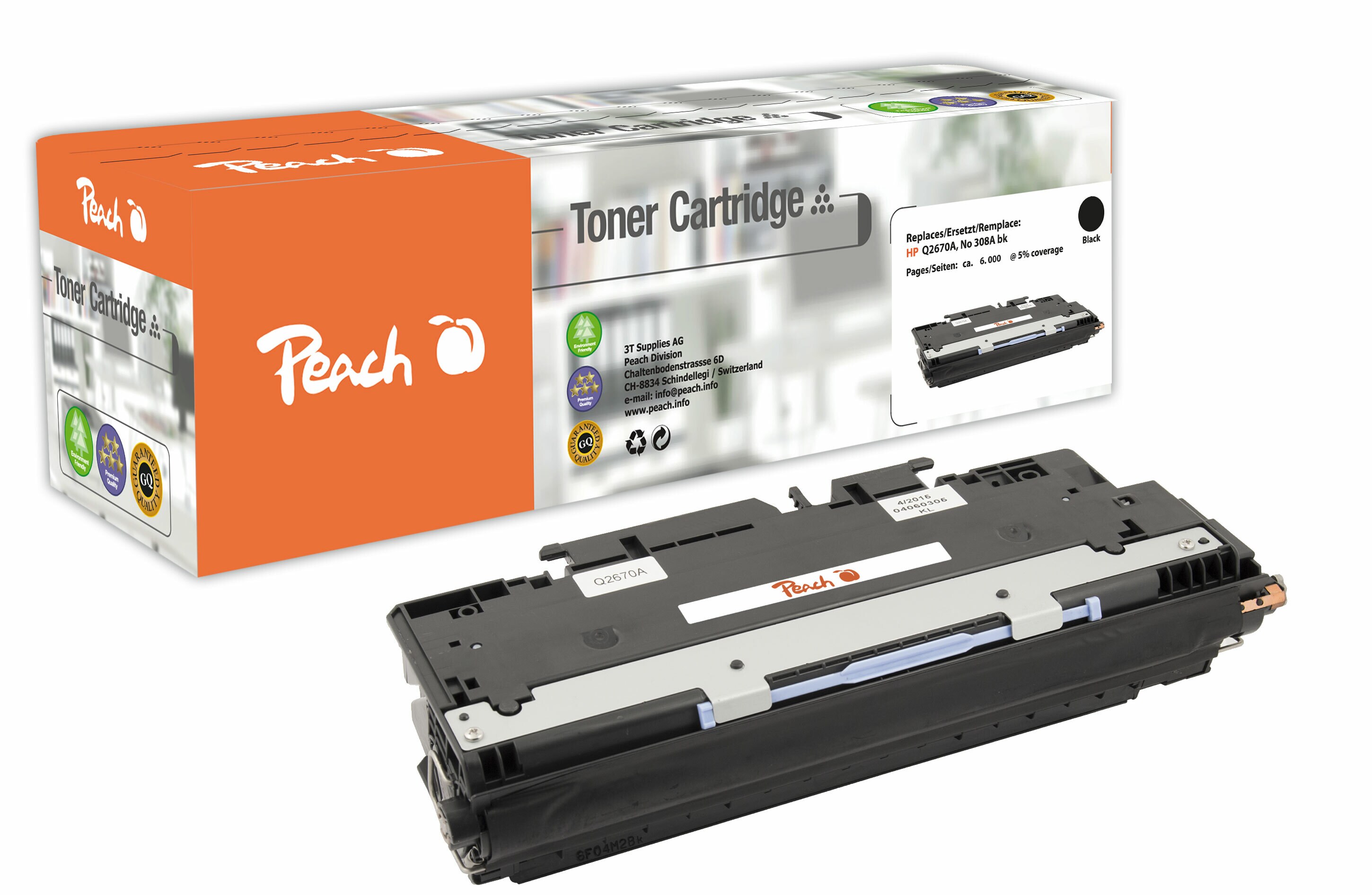 Peach HP 308 ABK Toner bk ersetzt HP No. 308A BK, Q2670A f&uuml;r z.B. HP Color LaserJet 3500, HP Color LaserJet 3500 N, HP Color LaserJet 3550 (wiederaufbereitet) - Bild 1