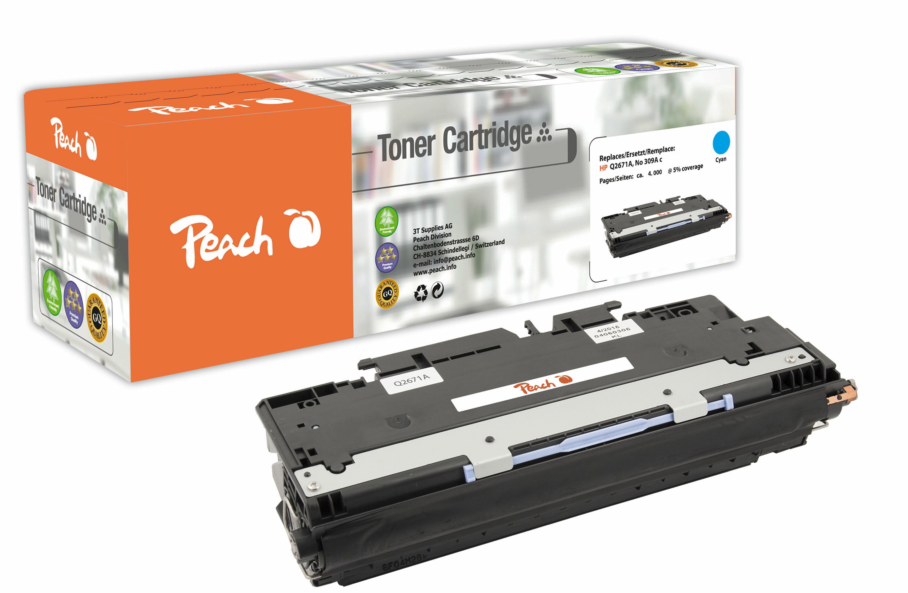 Peach HP 309 AC Toner cy ersetzt HP No. 309A C, Q2671A f&uuml;r z.B. HP Color LaserJet 3500, HP Color LaserJet 3500 N, HP Color LaserJet 3550 (wiederaufbereitet) - Bild 1