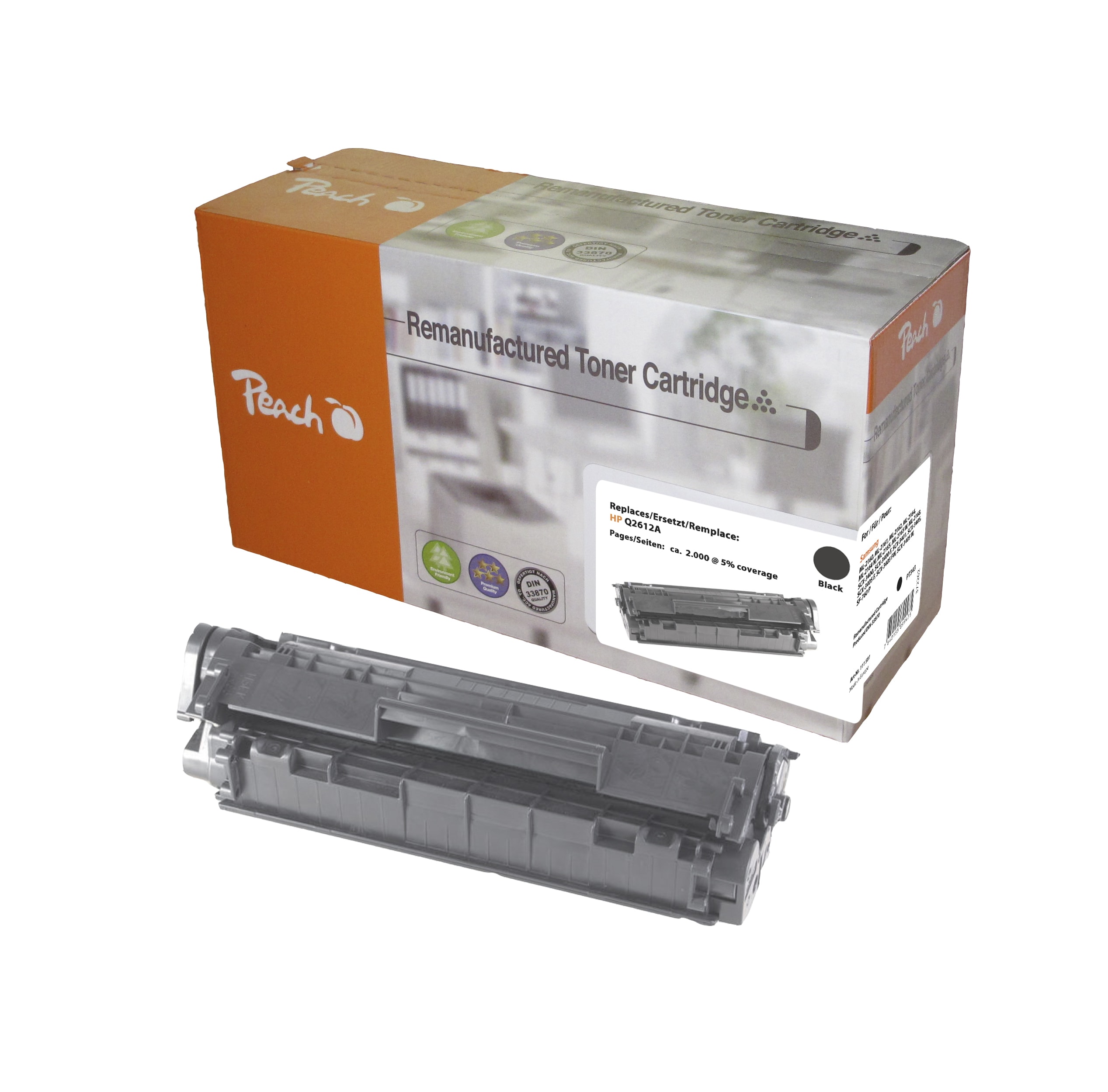 Peach HP 12 ABK Toner bk ersetzt Canon, HP No. 12A BK, Q2612A, CRG-703, EP-703 f&uuml;r z.B. Canon ISensys LBP -2900, Canon ISensys LBP -2900 b (wiederaufbereitet) - Bild 1