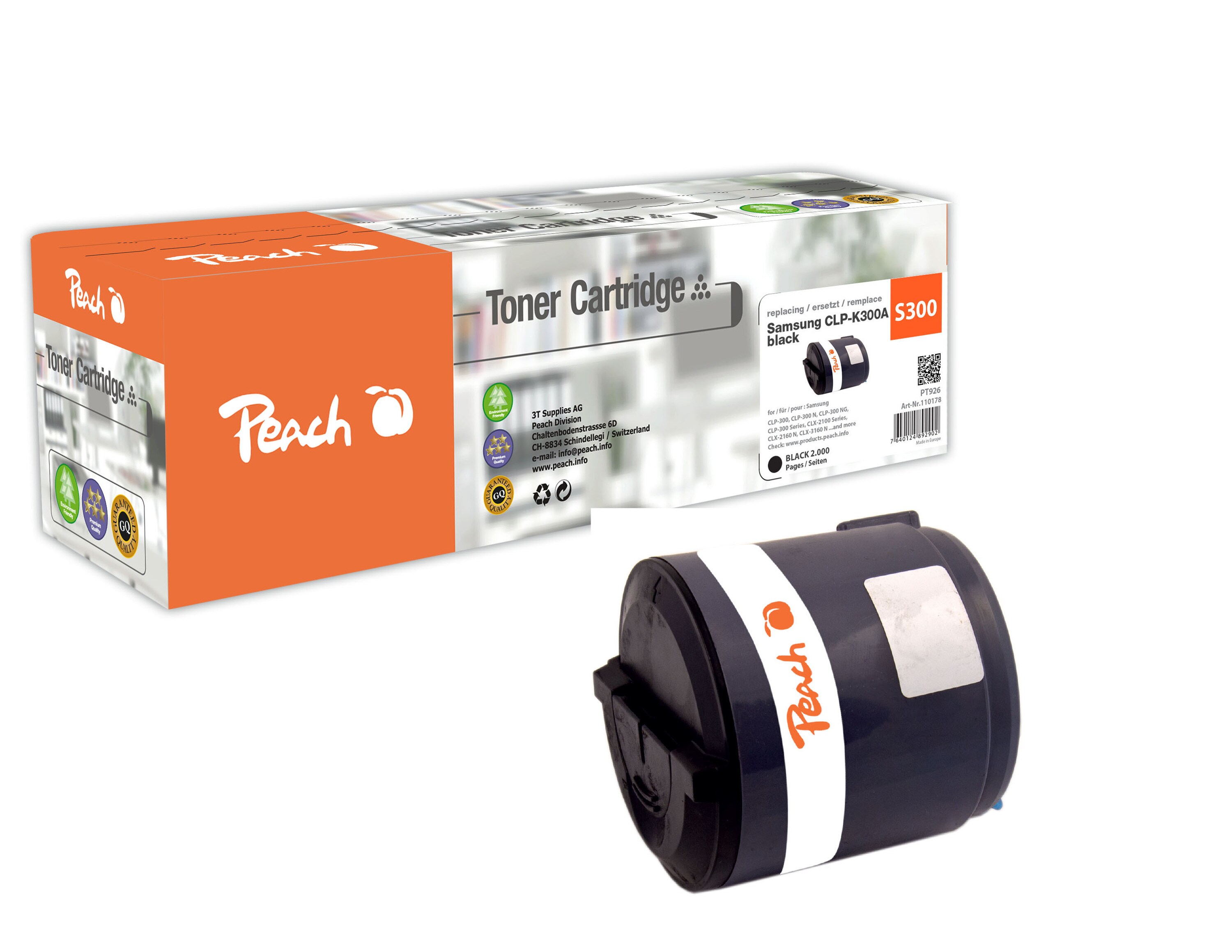 Peach S300  Toner bk ersetzt Samsung CLP-K300A/ELS f&uuml;r z.B. Samsung CLP -300, Samsung CLP -300 N, Samsung CLP -300 NG, Samsung CLX -2100 (wiederaufbereitet) - Bild 1