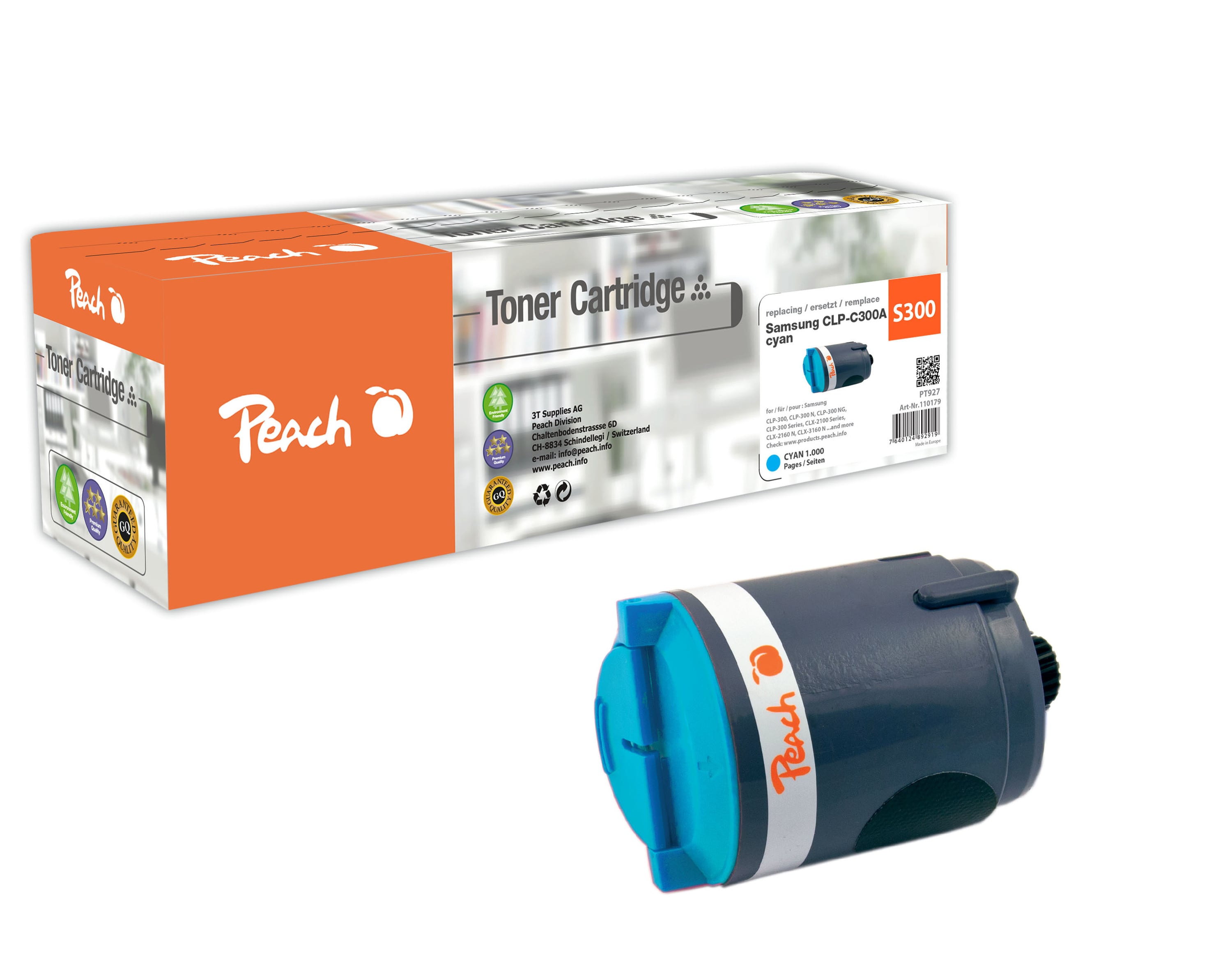 Peach S300  Toner cy ersetzt Samsung CLP-C300A/ELS f&uuml;r z.B. Samsung CLP -300, Samsung CLP -300 N, Samsung CLP -300 NG, Samsung CLX -2100 (wiederaufbereitet) - Bild 1