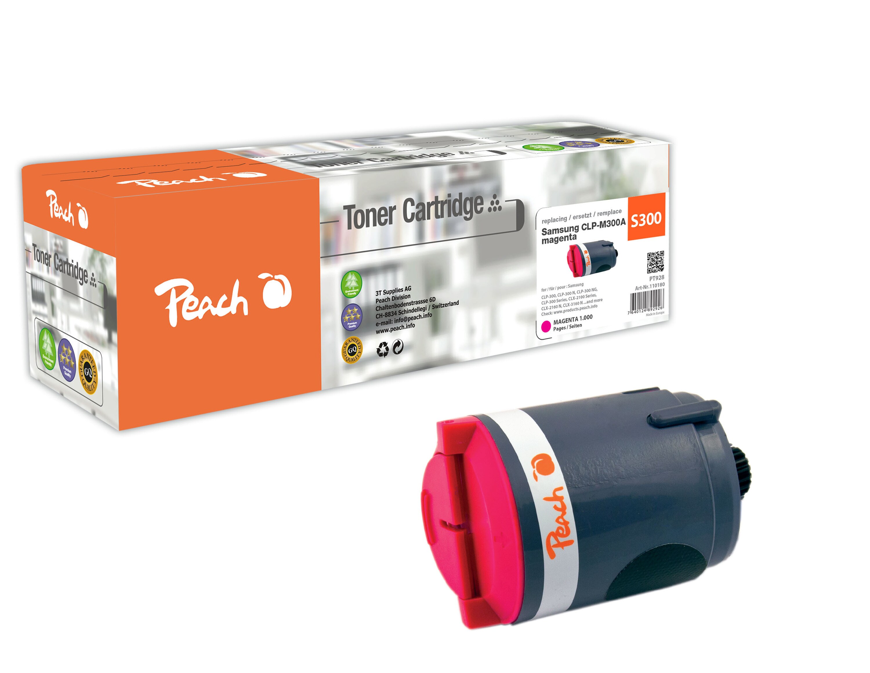 Peach S300  Toner ma ersetzt Samsung CLP-M300A/ELS f&uuml;r z.B. Samsung CLP -300, Samsung CLP -300 N, Samsung CLP -300 NG, Samsung CLX -2100 (wiederaufbereitet) - Bild 1