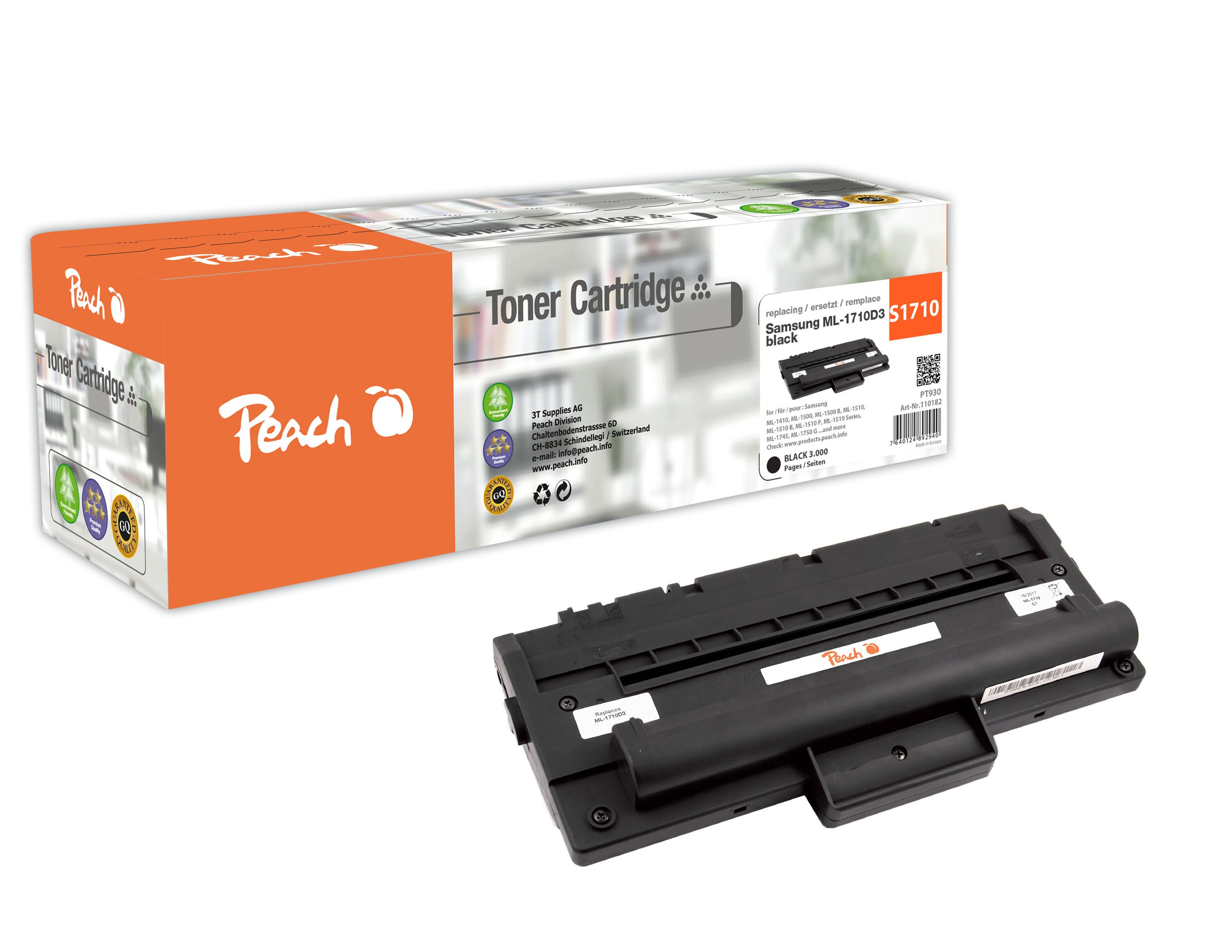 Peach S1510/1710 Toner bk ersetzt Samsung ML-1710D3/ELS f&uuml;r z.B. Samsung ML -1410, Samsung ML -1500, Samsung ML -1500 B, Samsung ML -1510 (wiederaufbereitet) - Bild 1