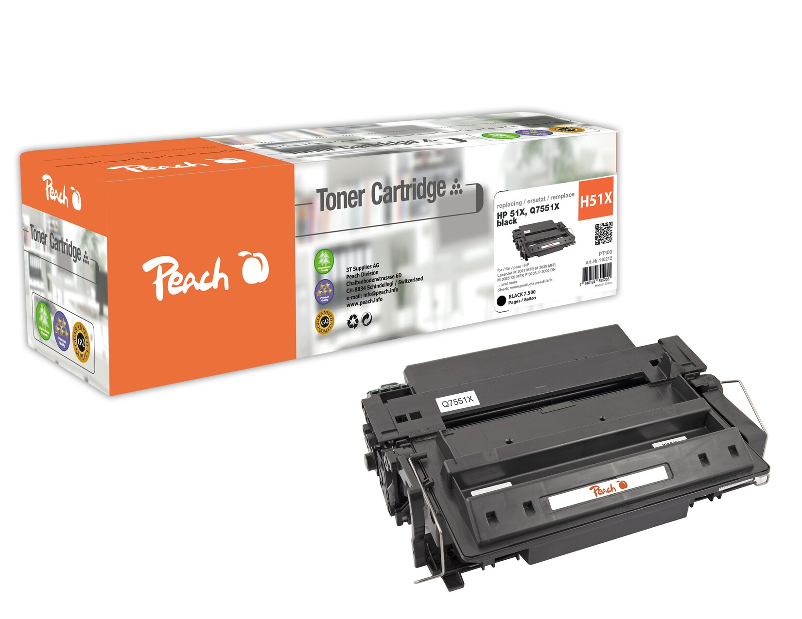 Peach HP 51 XBK Toner bk ersetzt HP No. 51XBK, Q7551X für z.B. HP LaserJet M 3000, HP LaserJet M 3027 MFP, HP LaserJet M 3027 X MFP (wiederaufbereitet)