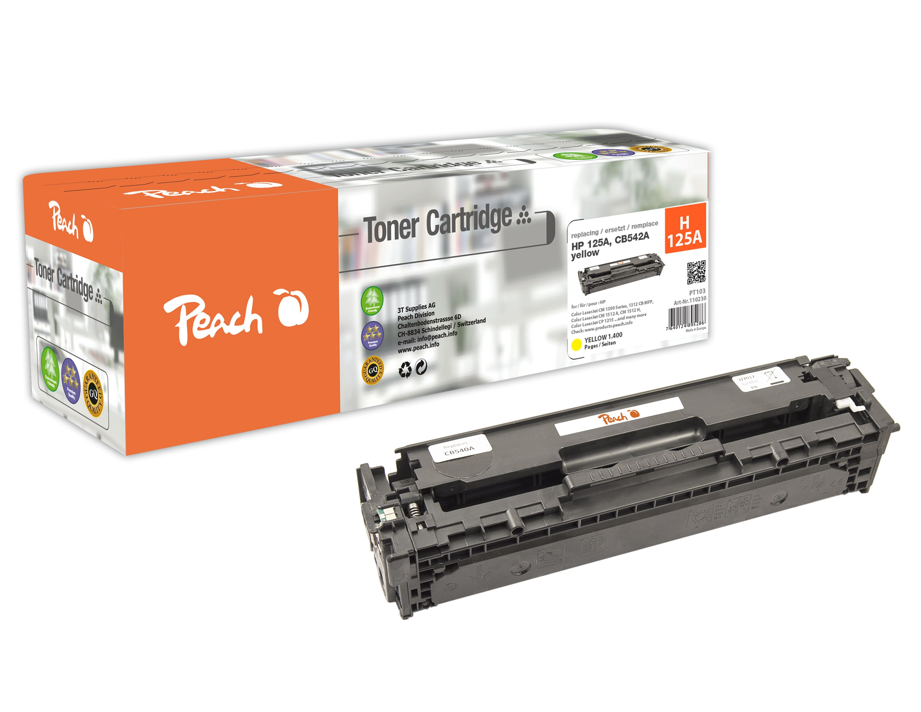 Peach HP 125 AY Toner ye ersetzt HP No. 125A Y, CB542A f&uuml;r z.B. HP Color LaserJet CM 1312 MFP, HP Color LaserJet CP 1200, HP Color LaserJet CM 1300 (wiederaufbereitet) - Bild 1