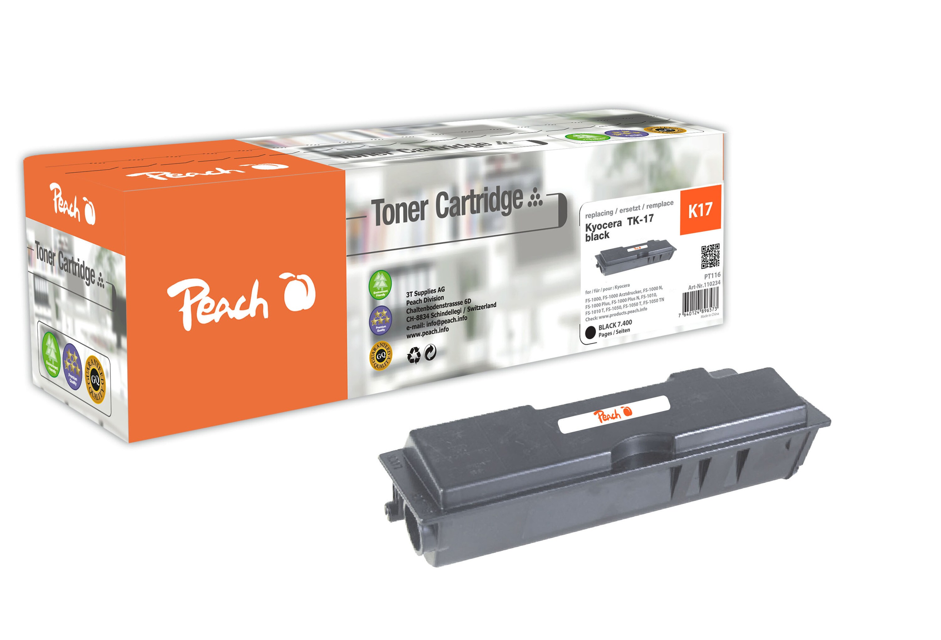 Peach K17  Toner bk ersetzt Kyocera TK-17 f&uuml;r z.B. Kyocera FS -1000, Kyocera FS -1000 Arztdrucker, Kyocera FS -1000 N, Kyocera FS -1000 Plus (wiederaufbereitet) - Bild 1