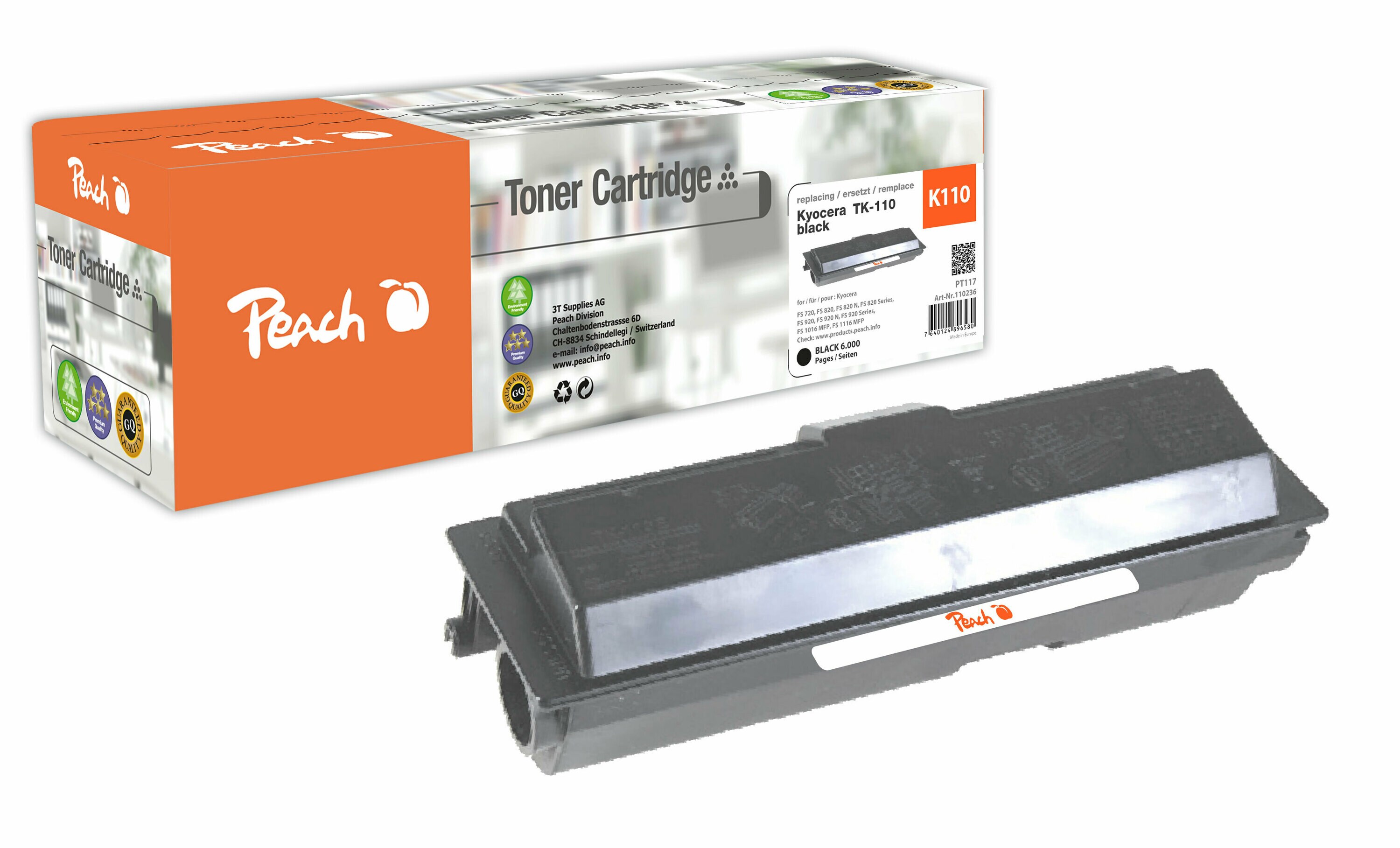 Peach K110  Toner bk ersetzt Kyocera TK-110 f&uuml;r z.B. Kyocera FS -1016 MFP, Kyocera FS -1116 MFP, Kyocera FS -720, Kyocera FS -820 (wiederaufbereitet) - Bild 1
