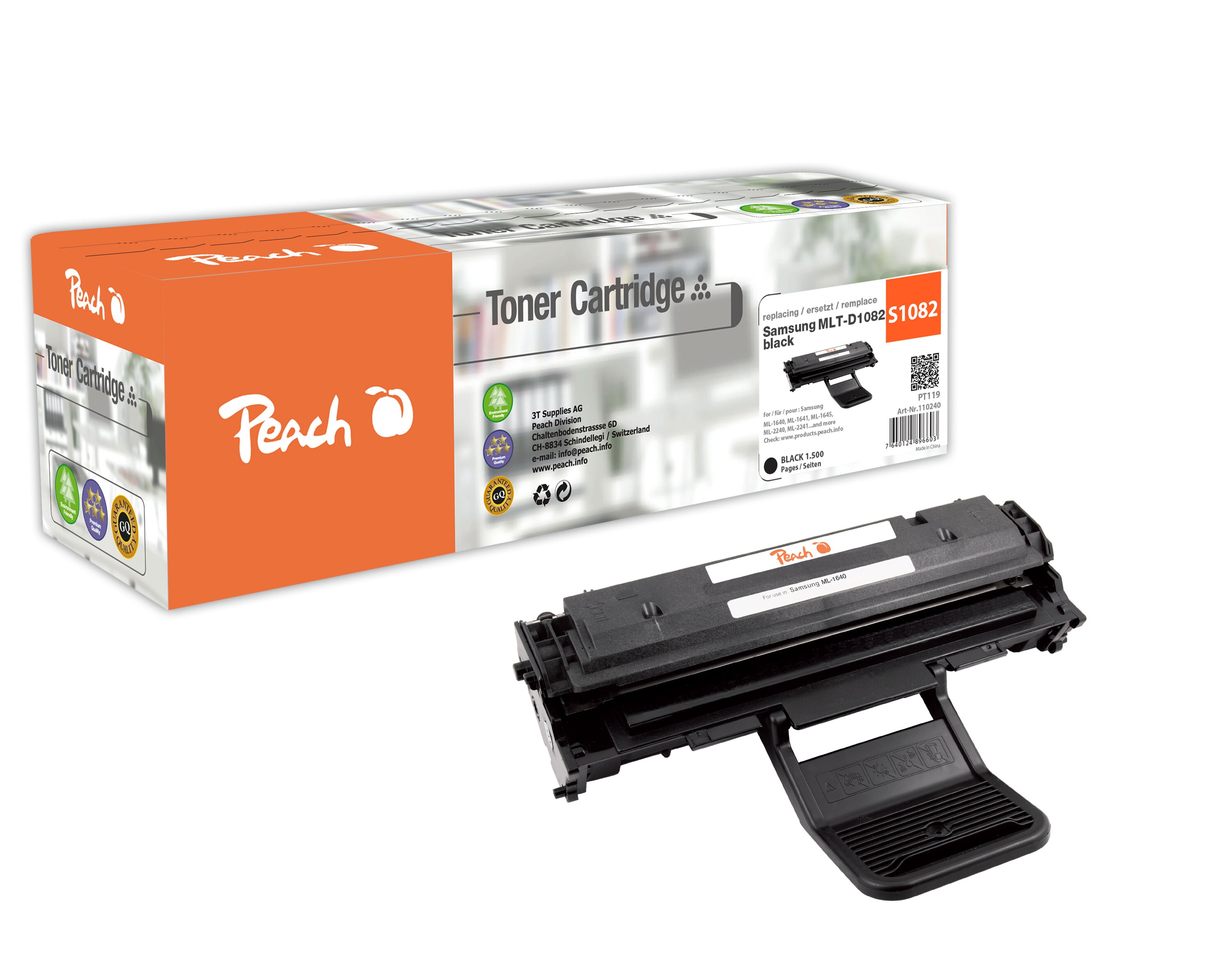 Peach S1082  Toner bk ersetzt Samsung MLT-D1082S/ELS, SU781A f&uuml;r z.B. Samsung ML -1640, Samsung ML -1641, Samsung ML -1645, Samsung ML -2240 (wiederaufbereitet) - Bild 1