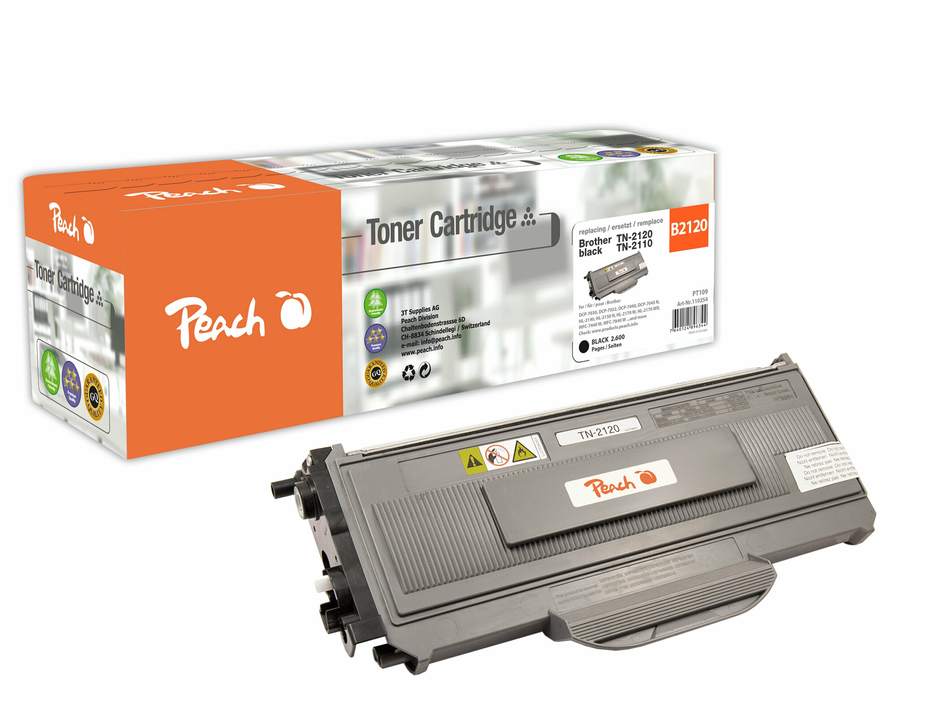 Peach B2110  Toner XL bk ersetzt Brother TN-2110, TN-2120 f&uuml;r z.B. Brother DCP -7030, Brother DCP -7040, Brother DCP -7045 N, Brother HL -2140 (wiederaufbereitet) - Bild 1