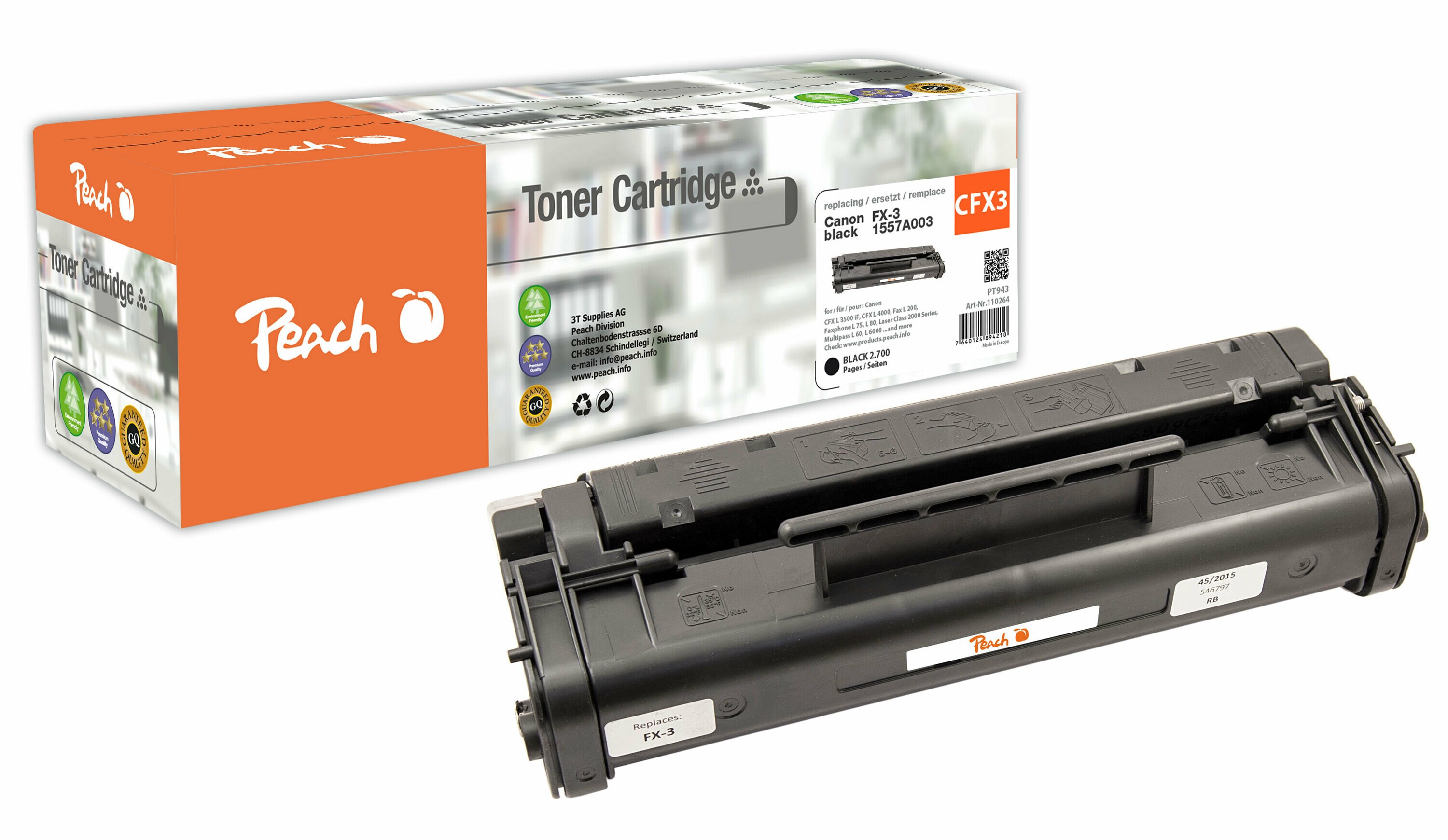 Peach CFX3  Toner bk ersetzt Canon FX-3, 1557A003 f&uuml;r z.B. Canon CFX L 3500 iF, Canon CFX L 4000, Canon CFX L 4500 iF, Canon Fax L 200 (wiederaufbereitet) - Bild 1
