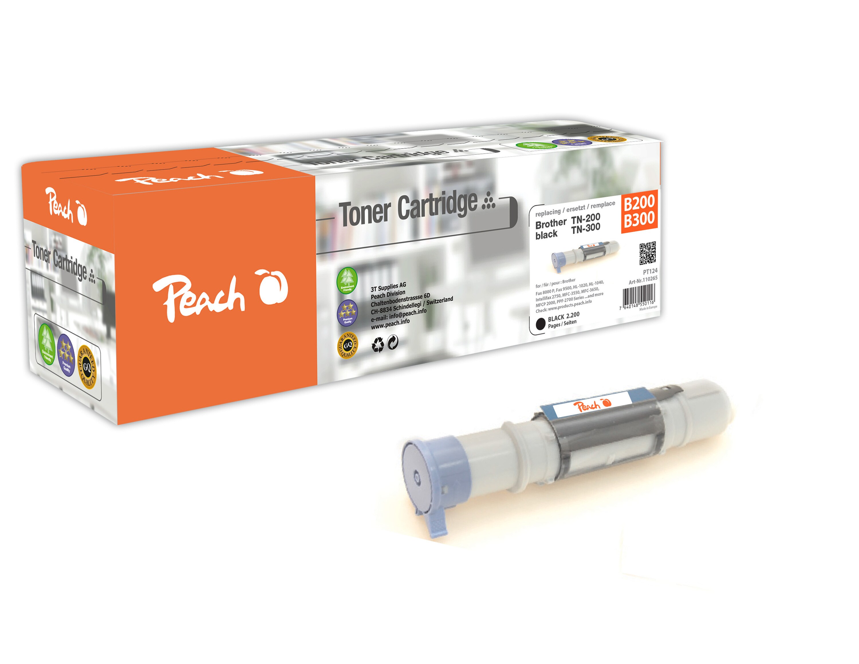 Peach B200  Toner bk ersetzt Brother TN-200, TN-300 f&uuml;r z.B. Brother Fax 8000 P, Brother Fax 8050 P, Brother Fax 8060 P, Brother Fax 8200 P (wiederaufbereitet) - Bild 1