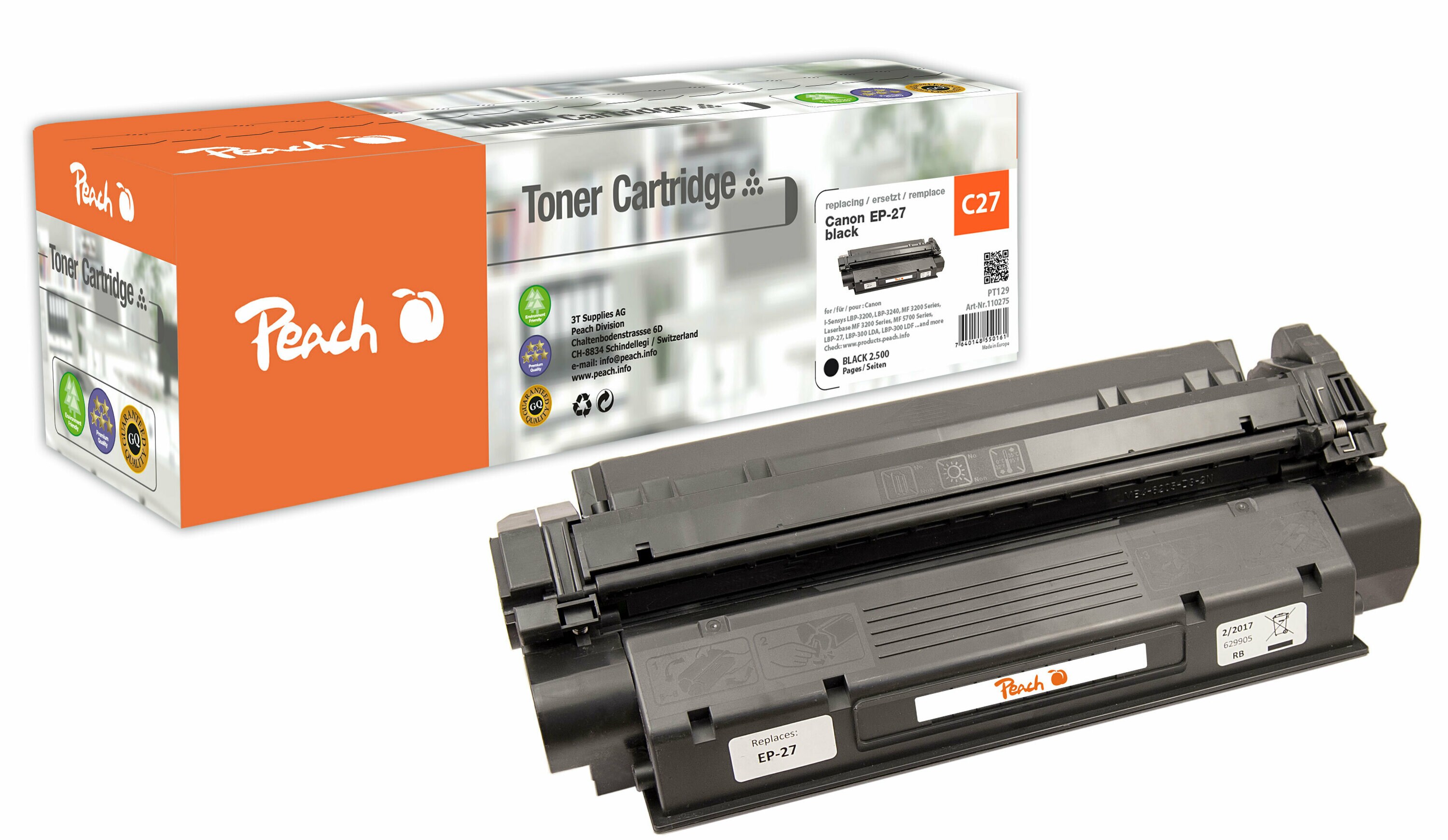 Peach C27  Toner bk ersetzt Canon EP-27, 8489A002 f&uuml;r z.B. Canon ISensys LBP -3200, Canon ISensys LBP -3240, Canon ISensys MF 3200, Canon LBP -27 (wiederaufbereitet) - Bild 1