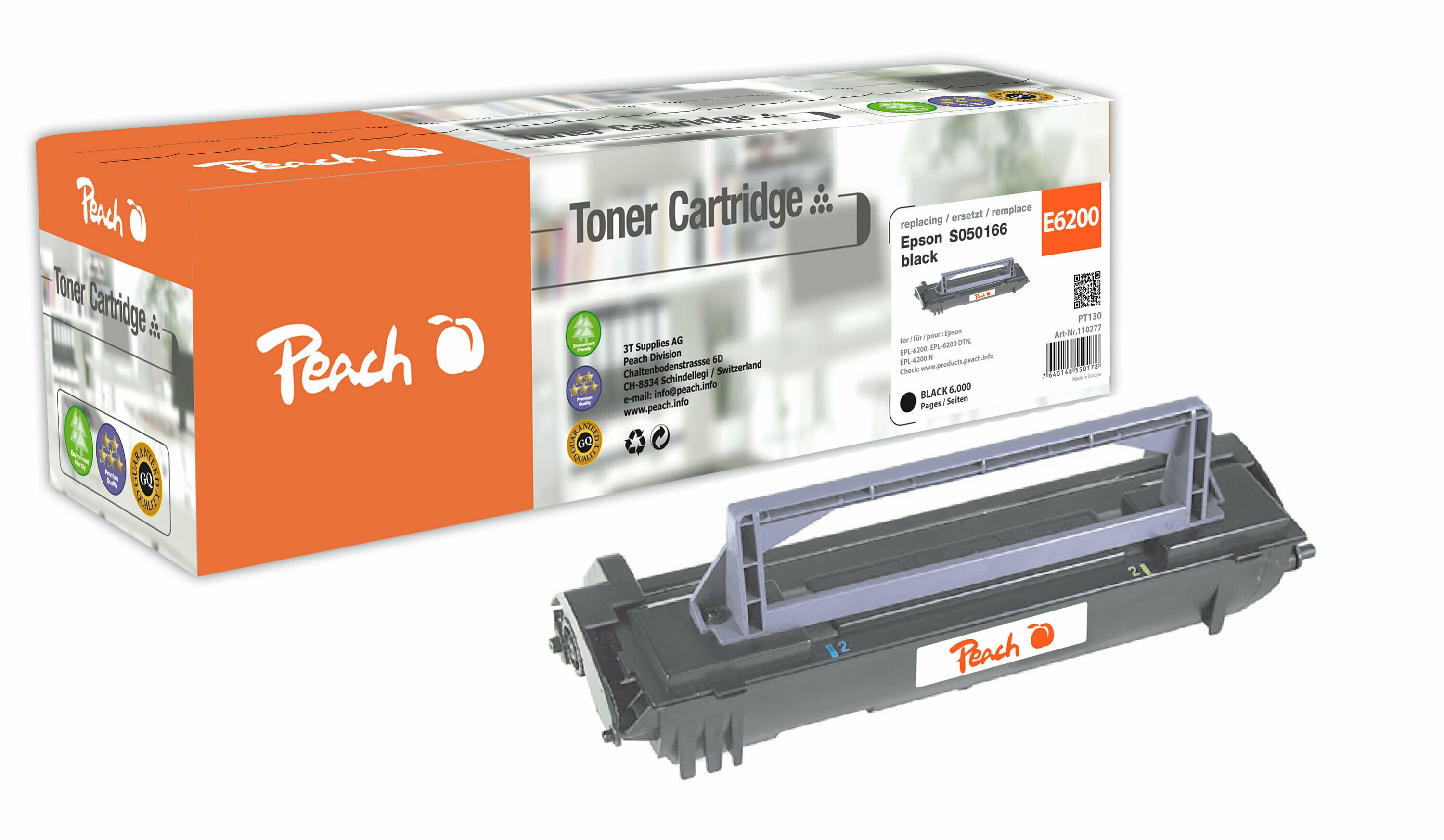 Peach E6200  Toner bk ersetzt Epson EPL-6200BK, C13S050166 f&uuml;r z.B. Epson EPL 6200, Epson EPL 6200 DTN, Epson EPL 6200 N (wiederaufbereitet) - Bild 1