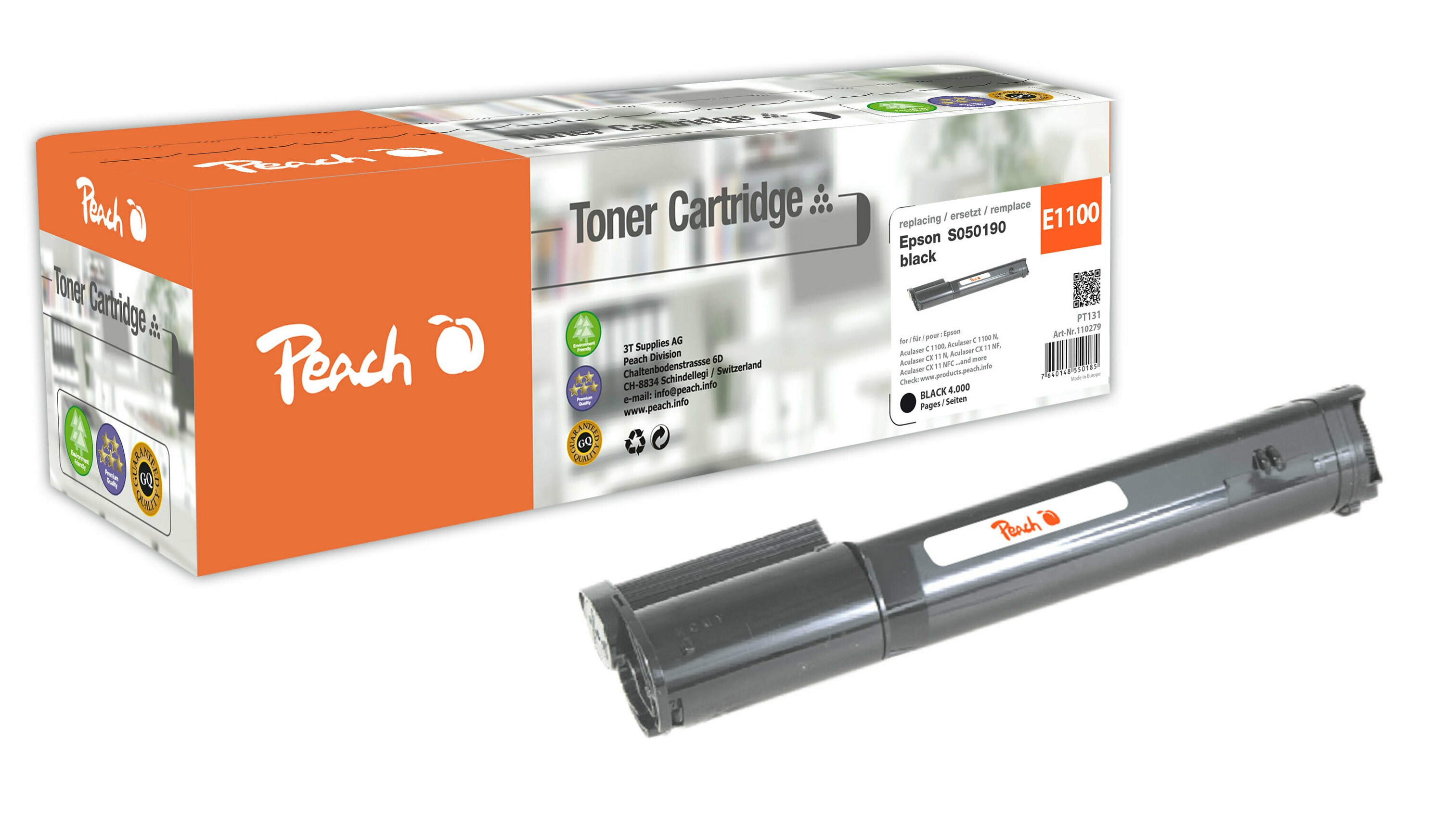 Peach E050  Toner bk ersetzt Epson S050190, C13S050190 f&uuml;r z.B. Epson Aculaser C 1100, Epson Aculaser C 1100 N, Epson Aculaser CX 11 N (wiederaufbereitet) - Bild 1