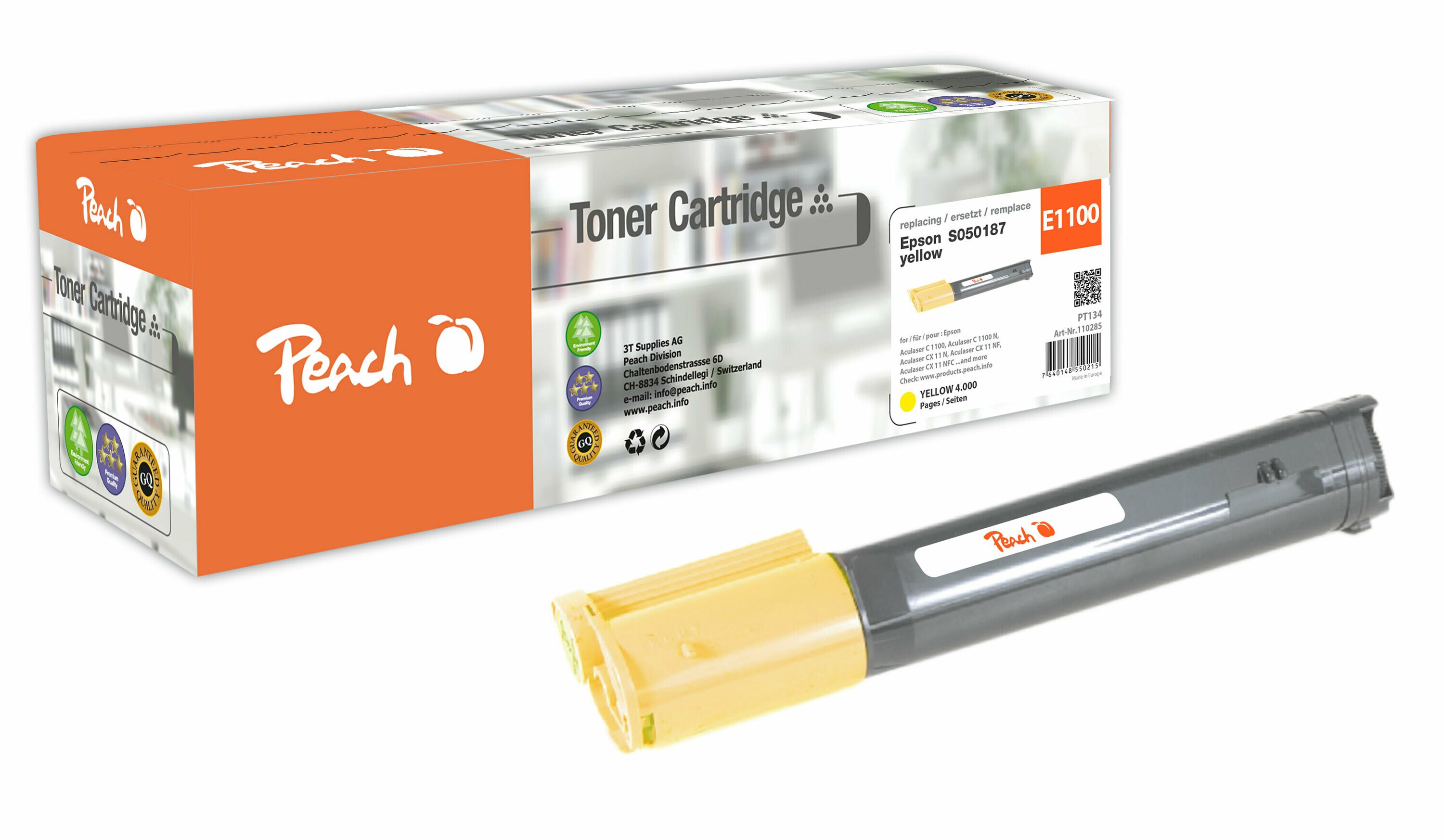 Peach E050  Toner ye ersetzt Epson S050187, C13S050187 f&uuml;r z.B. Epson Aculaser C 1100, Epson Aculaser C 1100 N, Epson Aculaser CX 11 N (wiederaufbereitet) - Bild 1