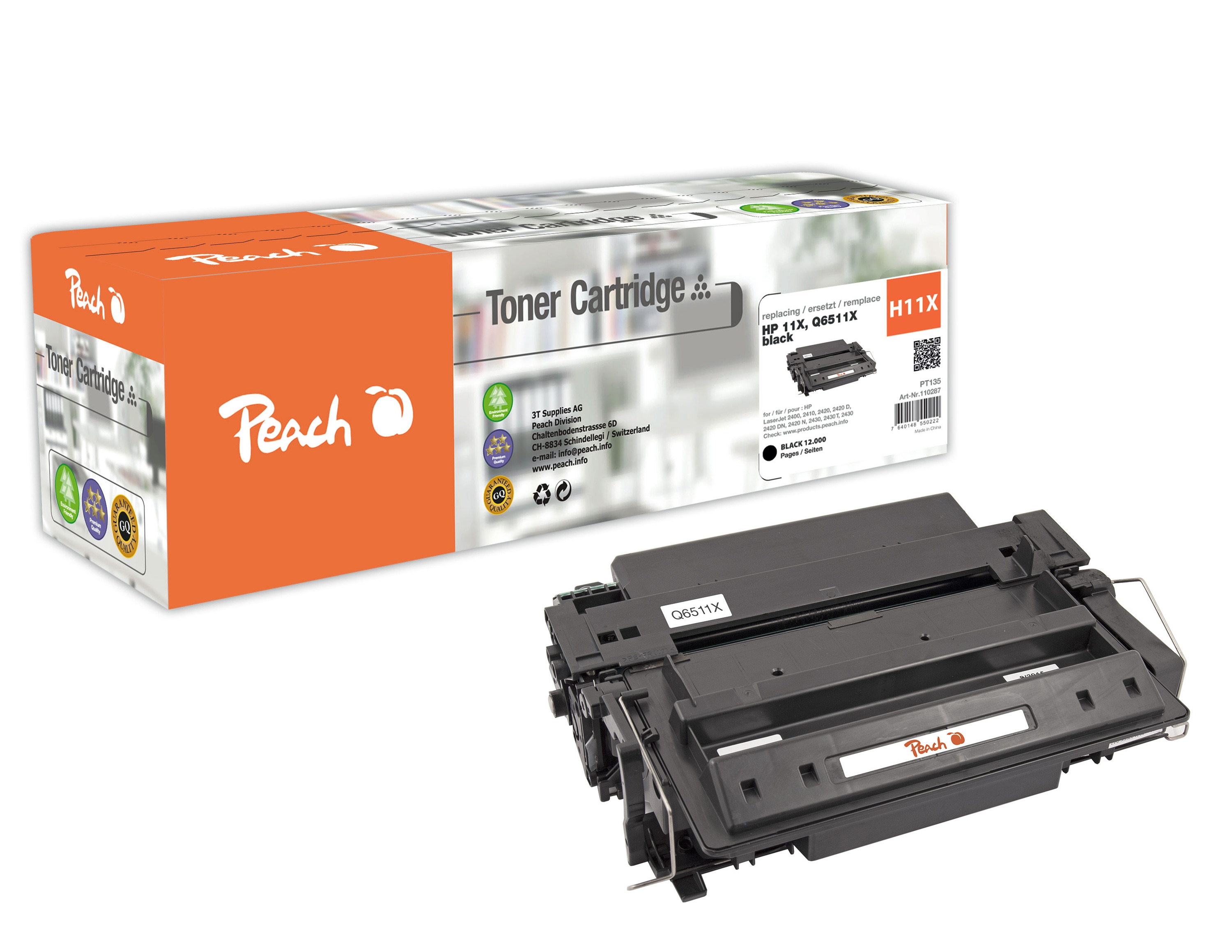Peach HP 11 XBK Toner XL bk ersetzt Canon, HP No. 11X BK, Q6511X f&uuml;r z.B. Canon ISensys LBP -3460, Canon Lasershot LBP -3460, Canon LBP -3460 (wiederaufbereitet) - Bild 1
