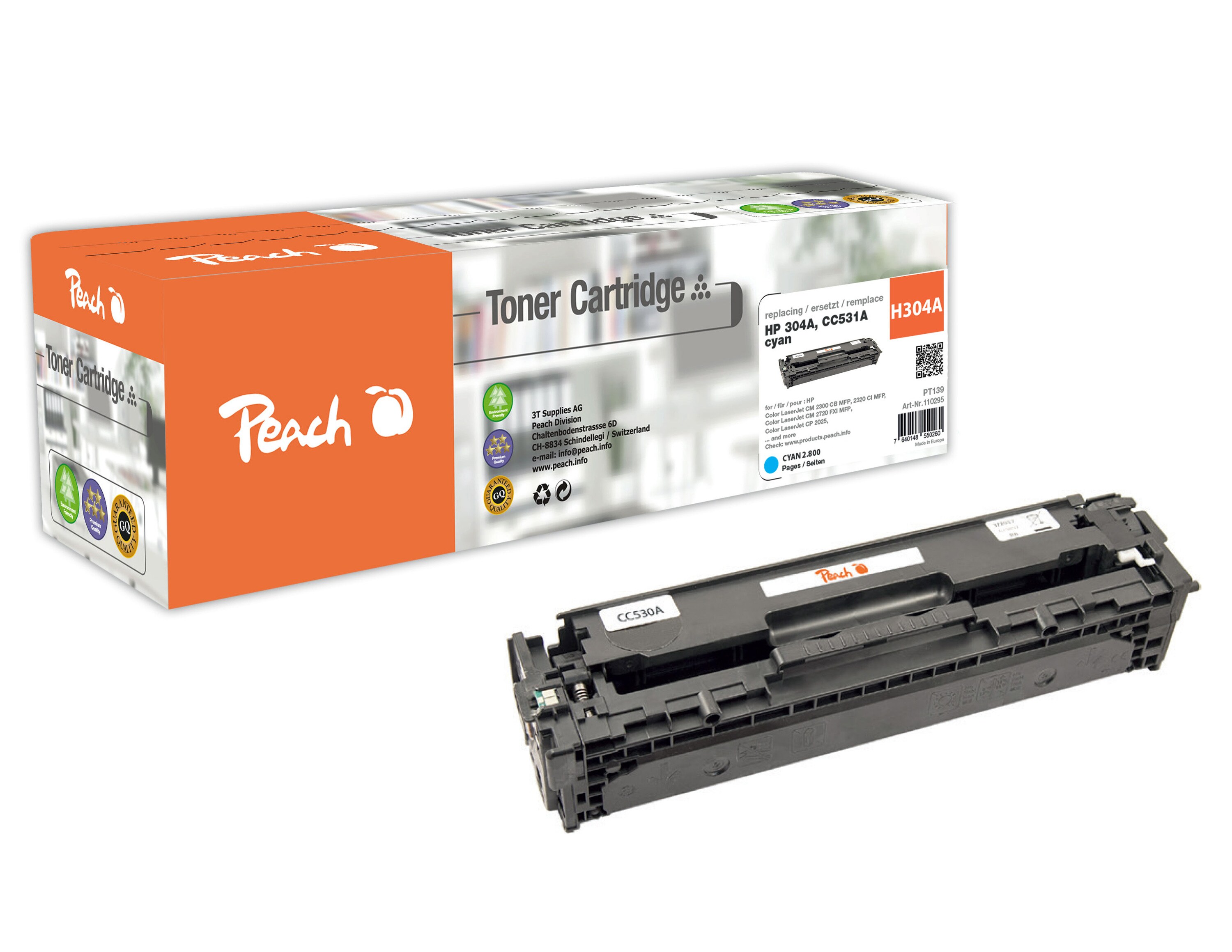Peach HP 304 AC Toner cy ersetzt HP No. 304A C, CC531A f&uuml;r z.B. HP Color LaserJet CM 2300, HP Color LaserJet CM 2320 CB MFP (wiederaufbereitet) - Bild 1