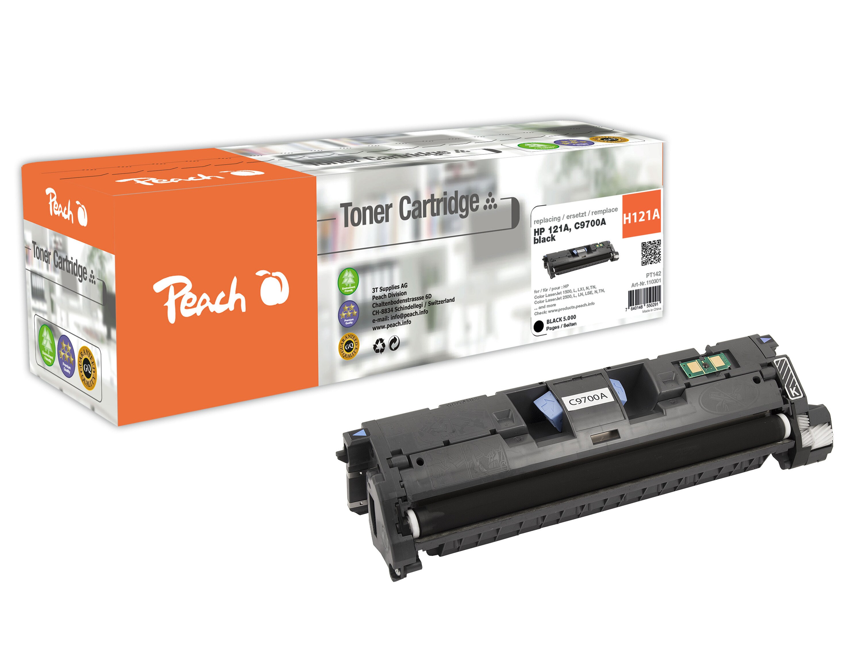 Peach HP 121 ABK Toner bk ersetzt HP No. 121A BK, C9700A f&uuml;r z.B. HP Color LaserJet 1500, HP Color LaserJet 1500 L, HP Color LaserJet 1500 LXI (wiederaufbereitet) - Bild 1
