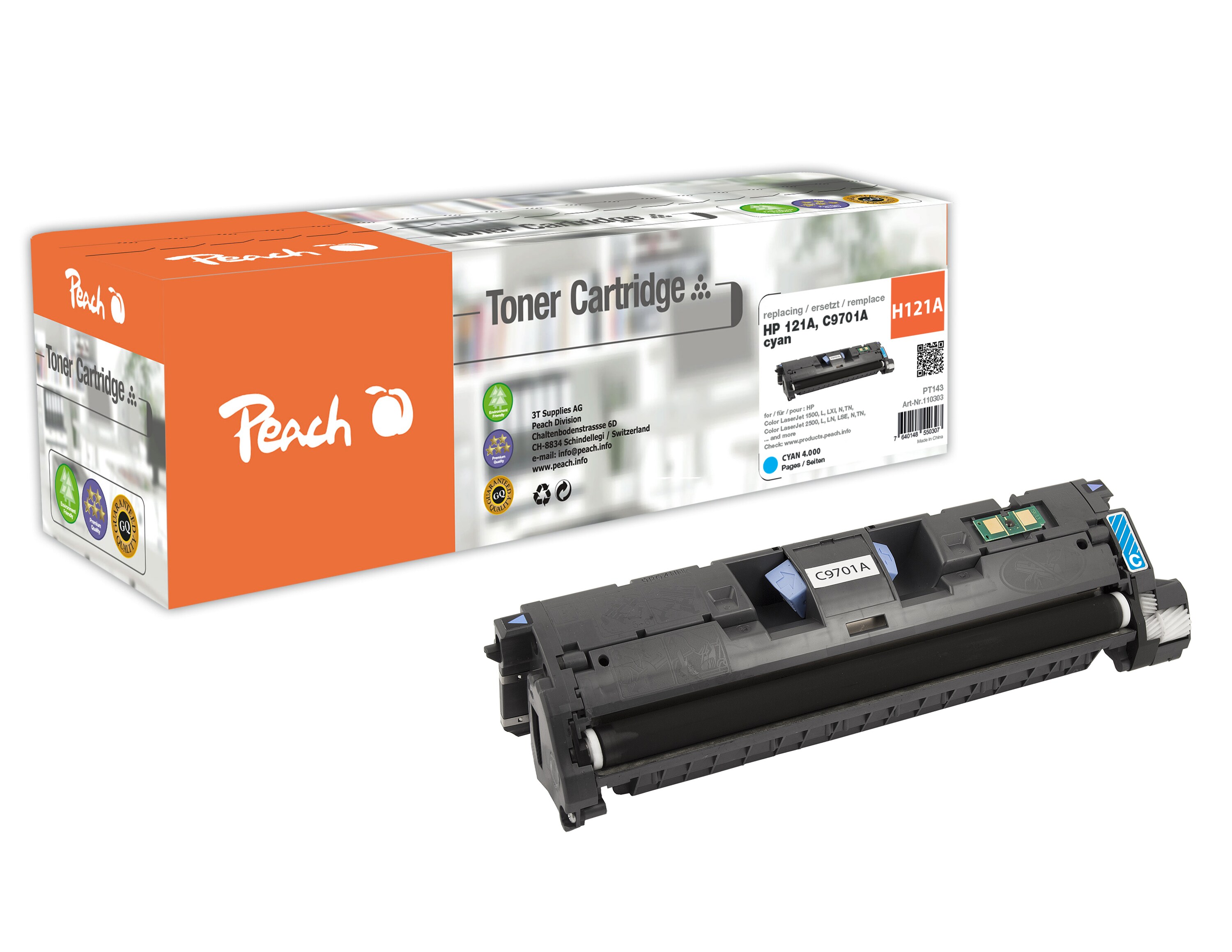 Peach HP 121 AC Toner cy ersetzt HP No. 121A C, C9701A f&uuml;r z.B. HP Color LaserJet 1500, HP Color LaserJet 1500 L, HP Color LaserJet 1500 LXI (wiederaufbereitet) - Bild 1