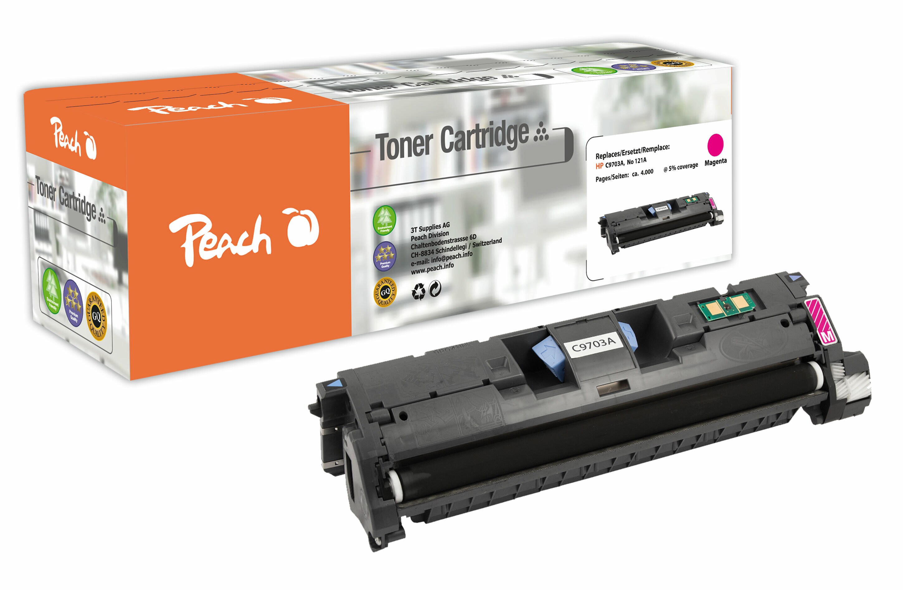 Peach HP 121 AM Toner ma ersetzt HP No. 121A M, C9703A f&uuml;r z.B. HP Color LaserJet 1500, HP Color LaserJet 1500 L, HP Color LaserJet 1500 LXI (wiederaufbereitet) - Bild 1