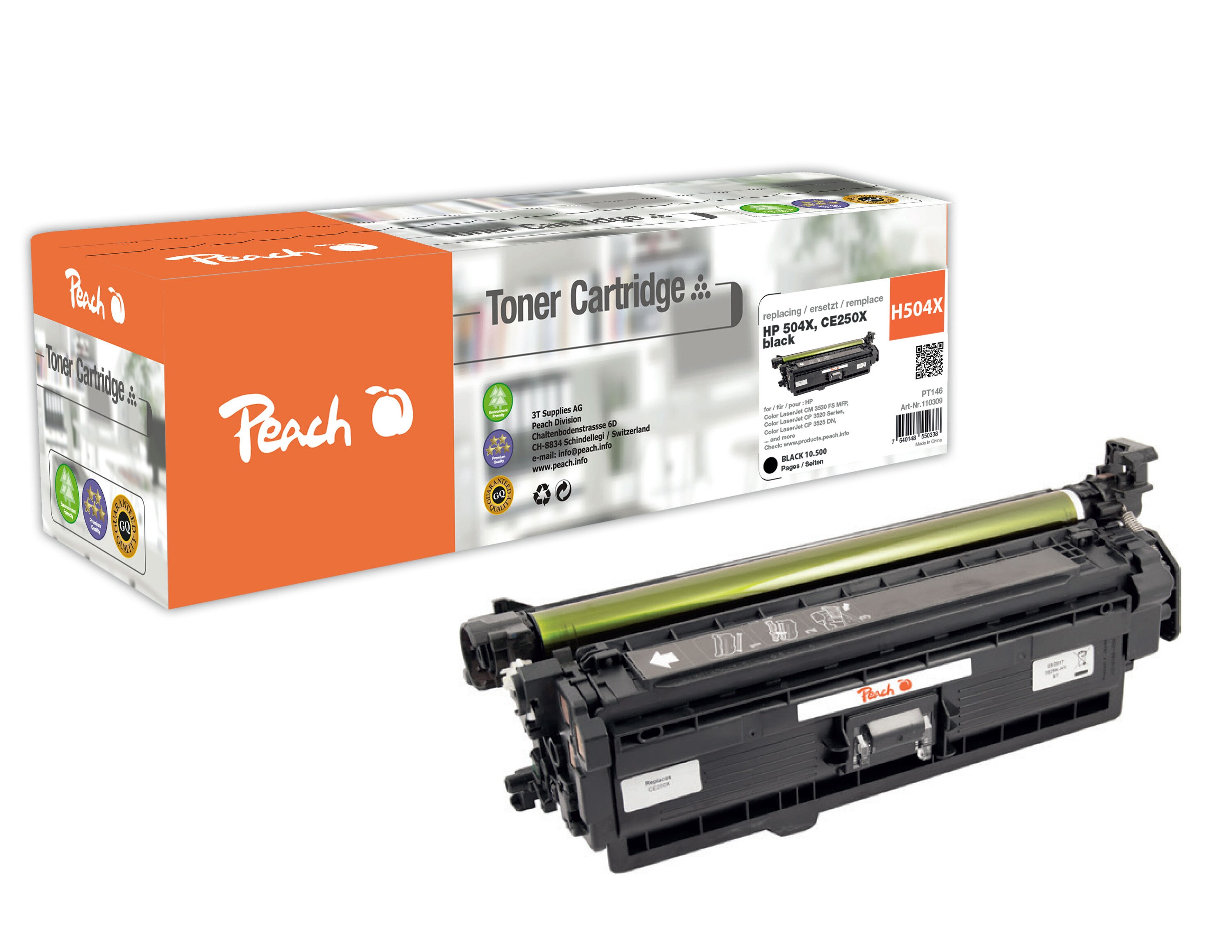 Peach HP 504 XBK Toner XL bk ersetzt HP No. 504X BK, CE250X f&uuml;r z.B. HP Color LaserJet CM 3500, HP Color LaserJet CM 3530 FS MFP (wiederaufbereitet) - Bild 1