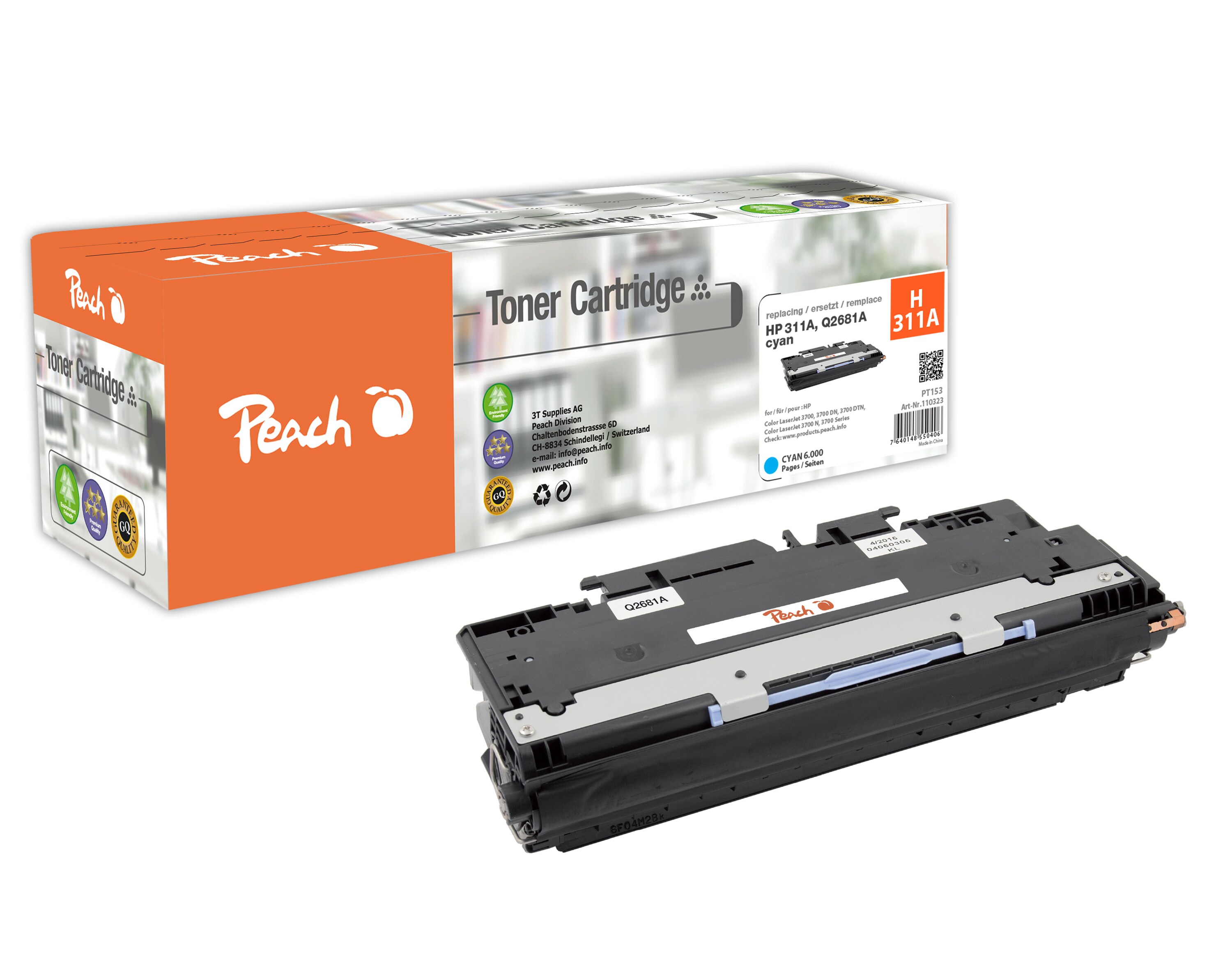 Peach HP 311 AC Toner cy ersetzt HP No. 311A C, Q2681A f&uuml;r z.B. HP Color LaserJet 3700, HP Color LaserJet 3700 DN, HP Color LaserJet 3700 DTN (wiederaufbereitet) - Bild 1