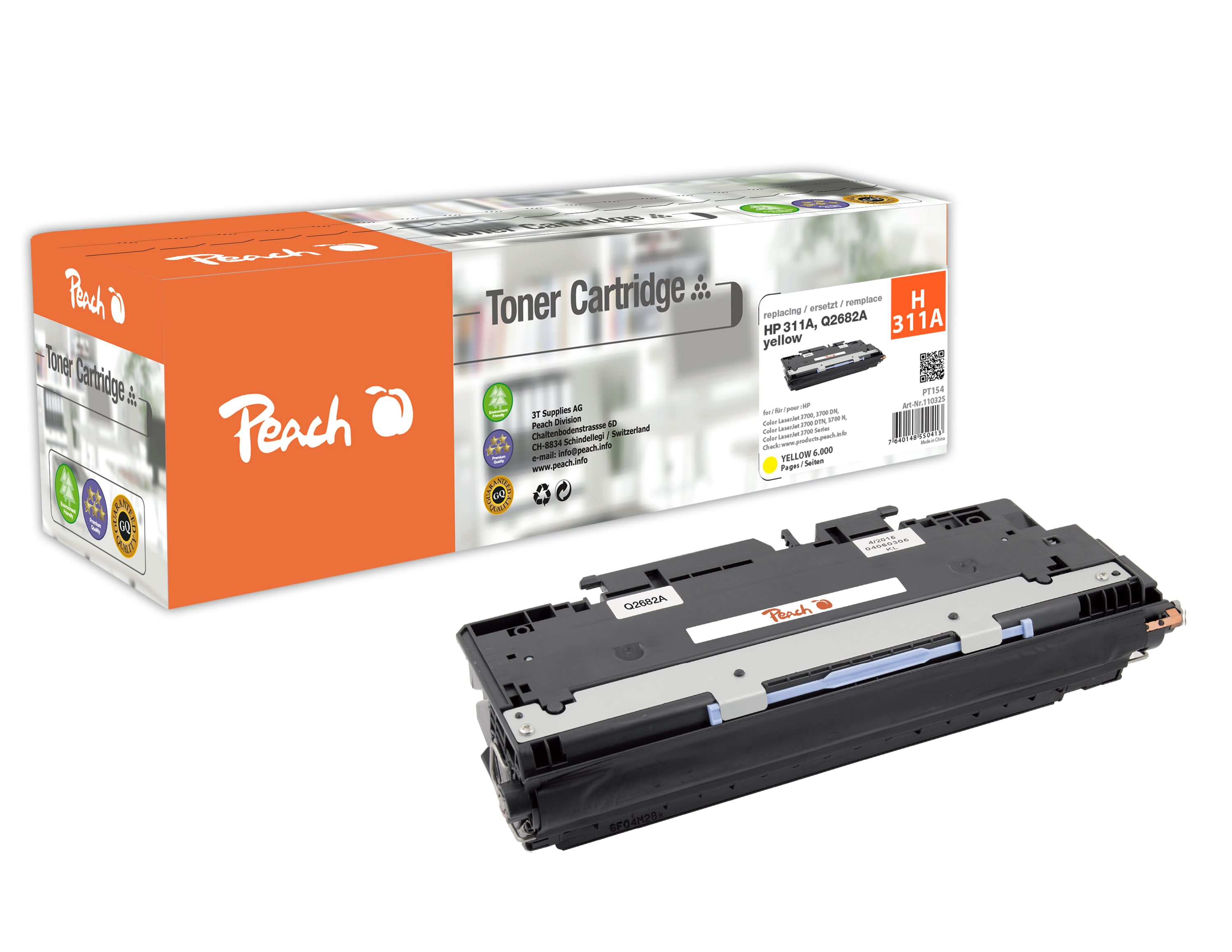 Peach HP 311 AY Toner ye ersetzt HP No. 311A Y, Q2682A f&uuml;r z.B. HP Color LaserJet 3700, HP Color LaserJet 3700 DN, HP Color LaserJet 3700 DTN (wiederaufbereitet) - Bild 1