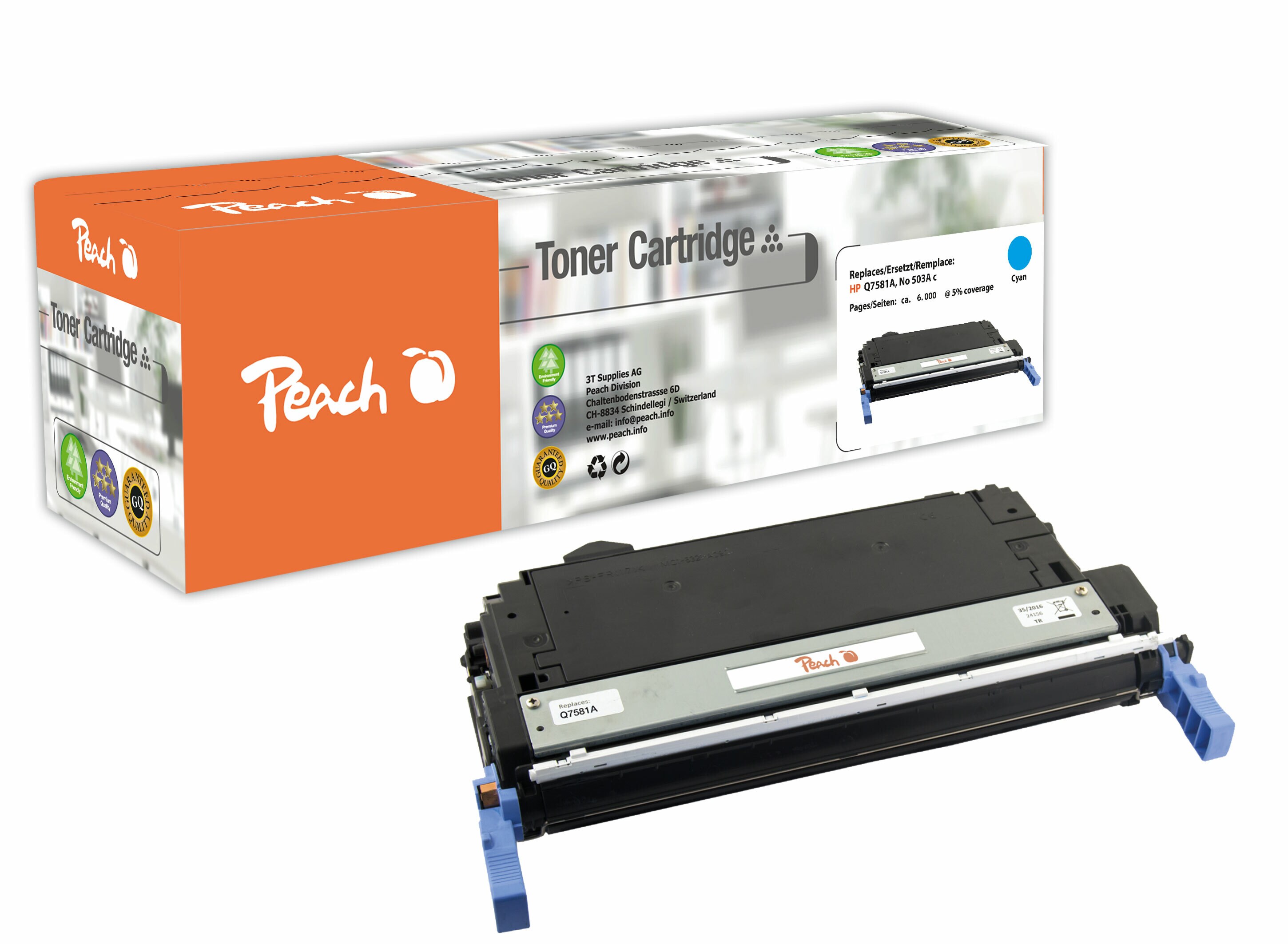 Peach HP 503 AC Toner cy ersetzt HP No. 503A C, Q7581A f&uuml;r z.B. HP Color LaserJet 3800, HP Color LaserJet 3800 DN, HP Color LaserJet 3800 DTN (wiederaufbereitet) - Bild 1