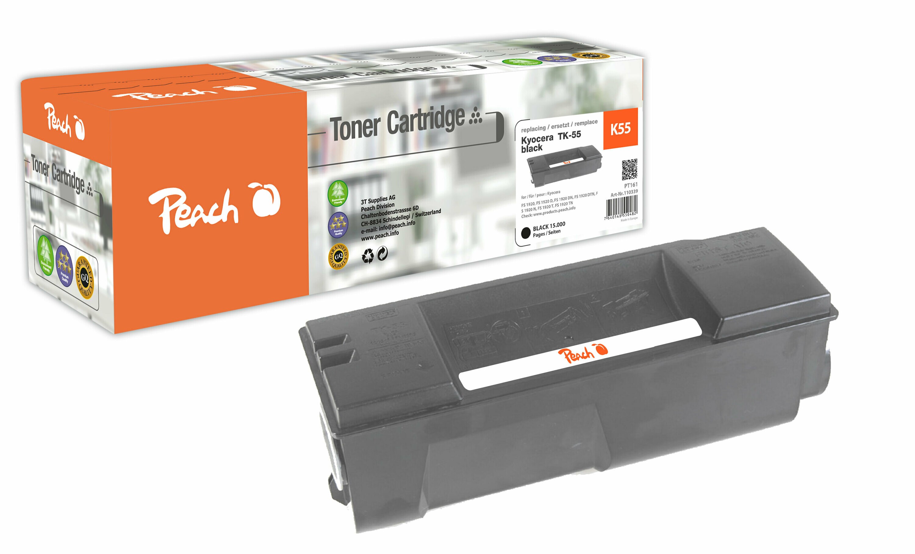 Peach K55  Toner bk ersetzt Kyocera TK-55 f&uuml;r z.B. Kyocera FS -1920, Kyocera FS -1920 D, Kyocera FS -1920 DN, Kyocera FS -1920 DTN (wiederaufbereitet) - Bild 1