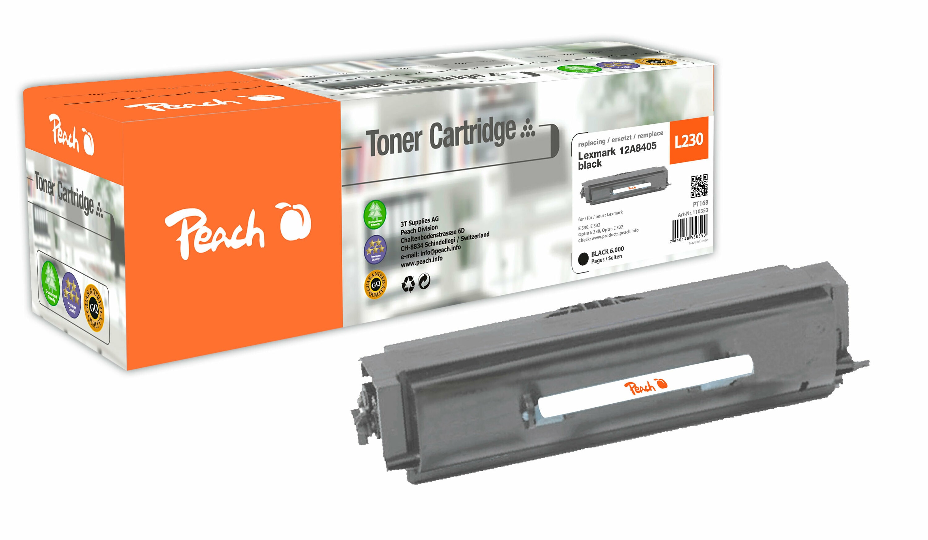 Peach L230 BK Toner bk ersetzt Lexmark No. 230BK, 12A8405 f&uuml;r z.B. Lexmark E 330, Lexmark E 332, Lexmark E 332 N, Lexmark E 332 TN (wiederaufbereitet) - Bild 1