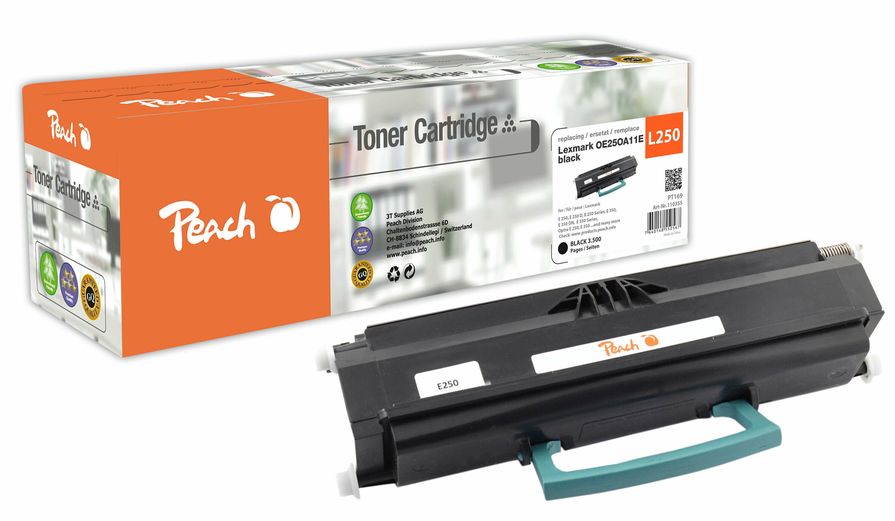 Peach L250 BK Toner bk ersetzt Lexmark No. 250BK, OE250A11E f&uuml;r z.B. Lexmark E 250, Lexmark E 250 D, Lexmark E 250 DN, Lexmark E 250 N (wiederaufbereitet) - Bild 1