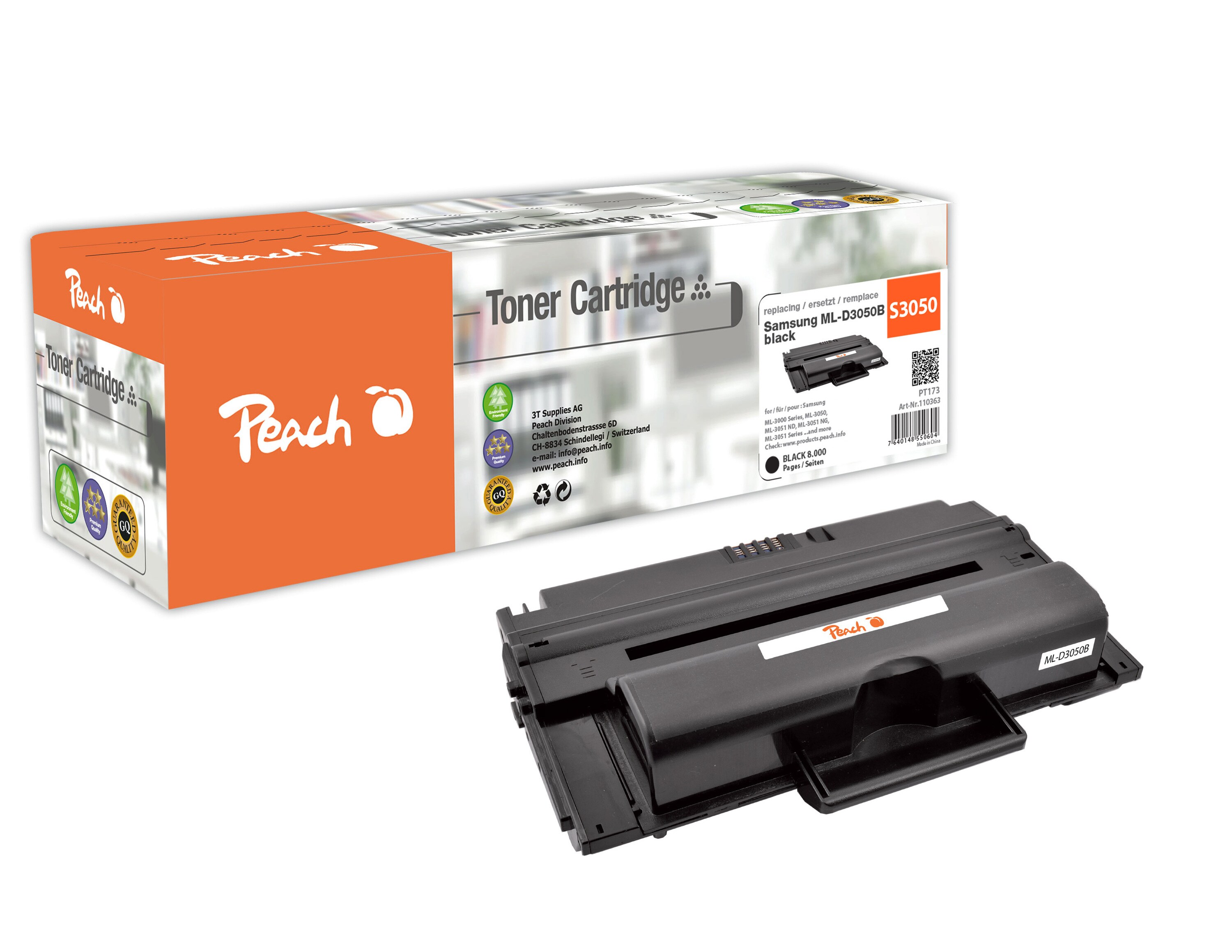 Peach S3050  Toner bk ersetzt Samsung ML-D3050B f&uuml;r z.B. Samsung ML -3000, Samsung ML -3050, Samsung ML -3051, Samsung ML -3051 N (wiederaufbereitet) - Bild 1
