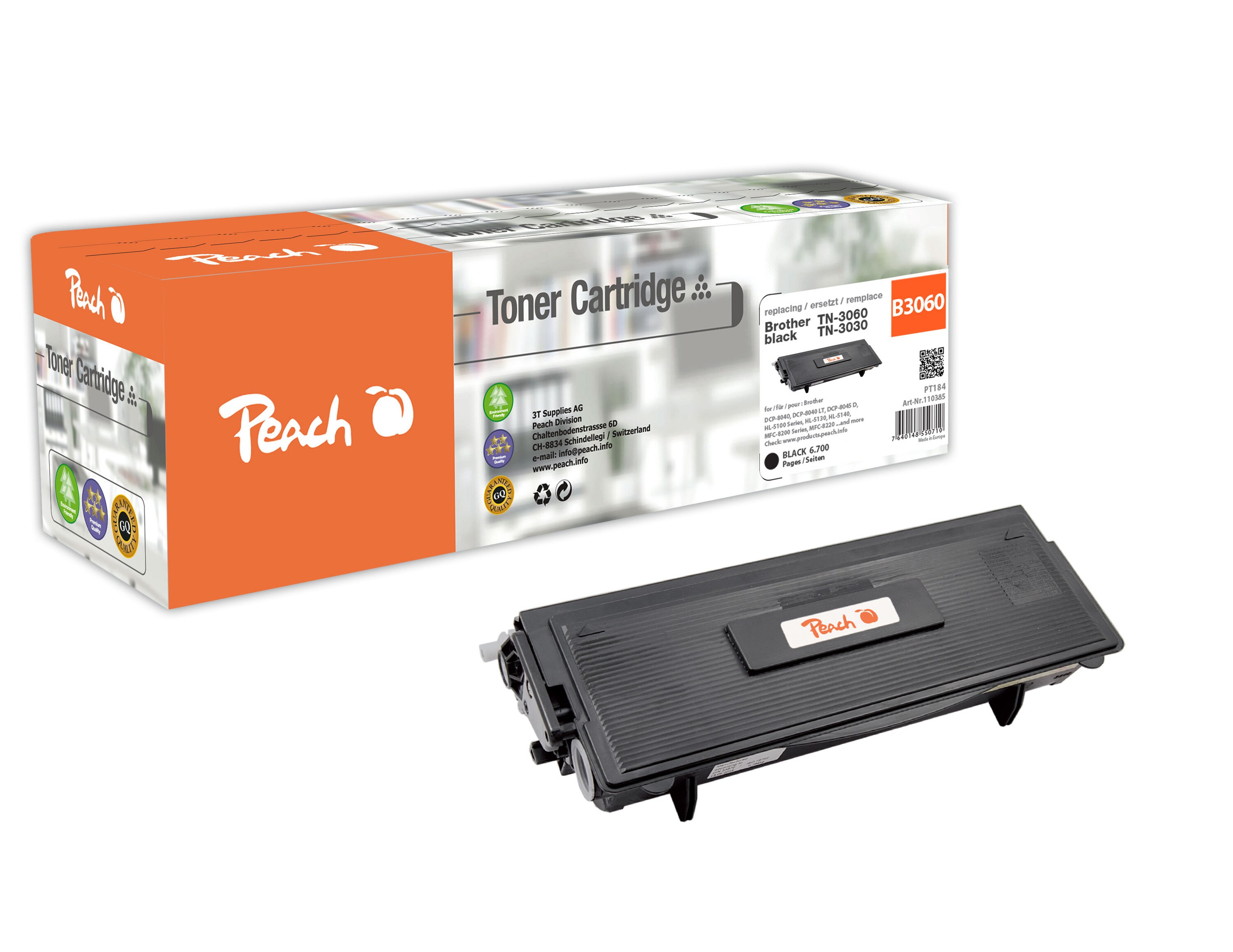 Peach B3030  Toner XL bk ersetzt Brother TN-3030, TN-3060 f&uuml;r z.B. Brother DCP -8040, Brother DCP -8040 LT, Brother DCP -8045 D, Brother HL -5100 (wiederaufbereitet) - Bild 1