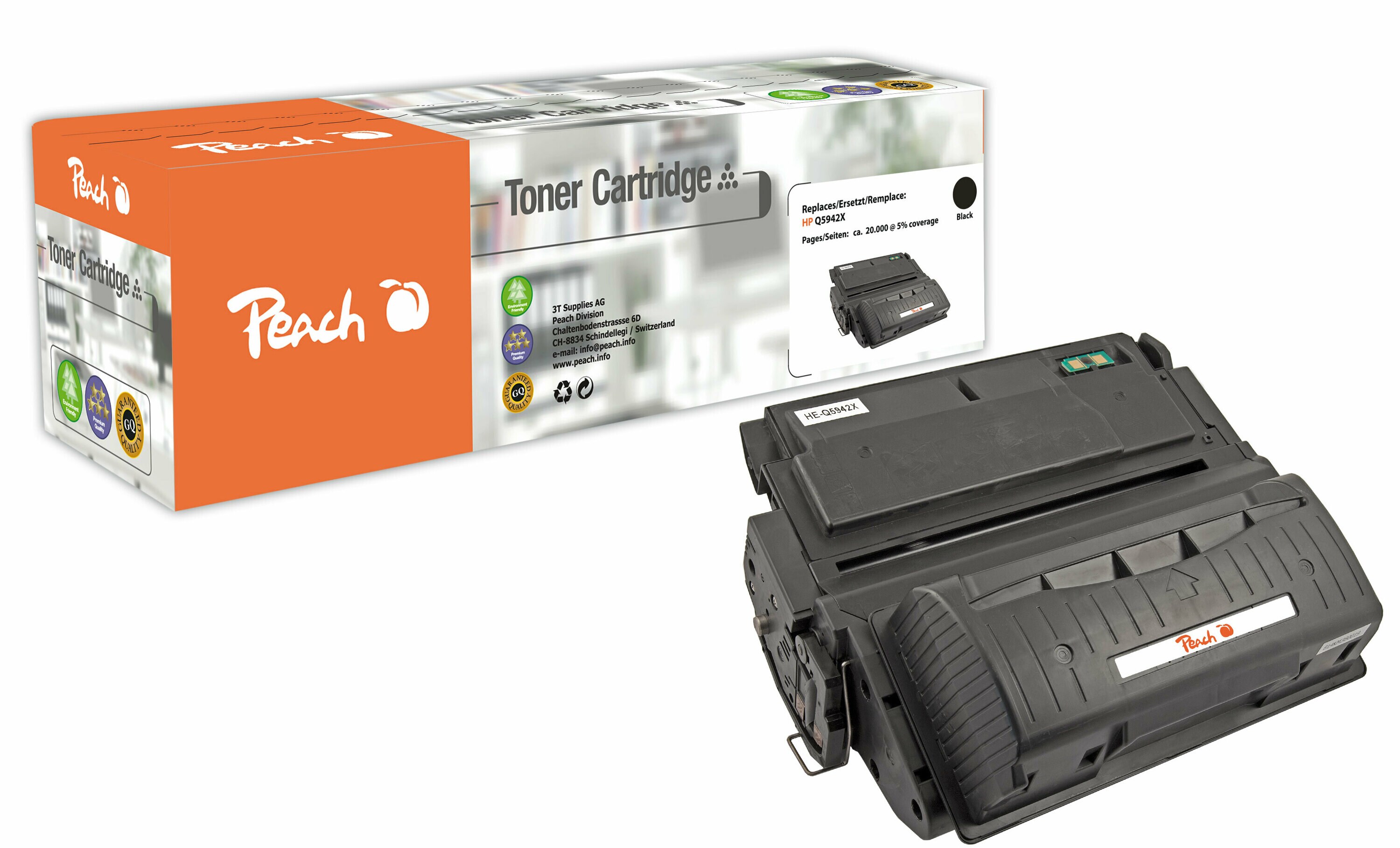 Peach HP 42 XBK Toner bk ersetzt HP No. 42XBK, Q5942X f&uuml;r z.B. HP LaserJet 4250, HP LaserJet 4250 DTN, HP LaserJet 4250 DTNSL, HP LaserJet 4250 N (wiederaufbereitet) - Bild 1