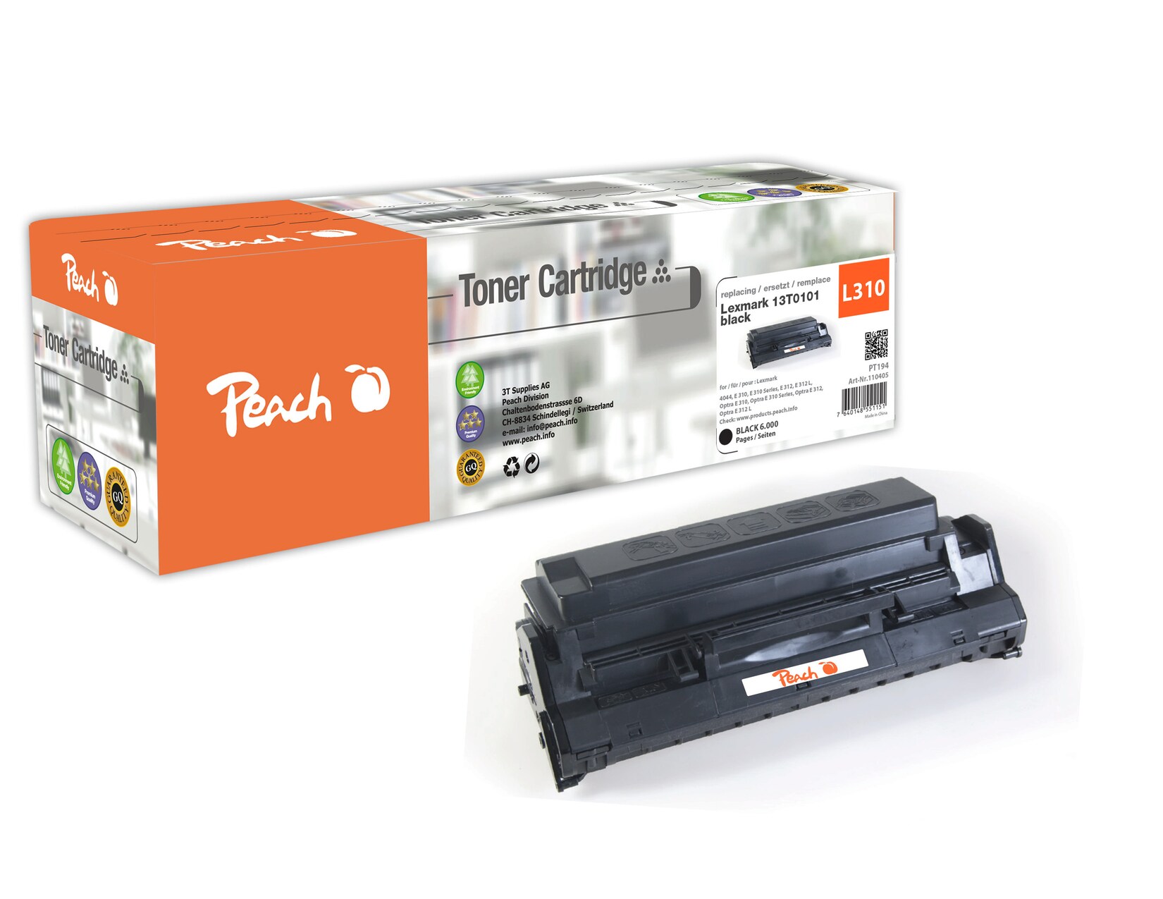 Peach L310 Toner bk ersetzt Lexmark No. 310, No. 312BK, 13T0101 für z.B. Lexmark 4044, Lexmark E 310, Lexmark E 312, Lexmark E 312 L (wiederaufbereitet)