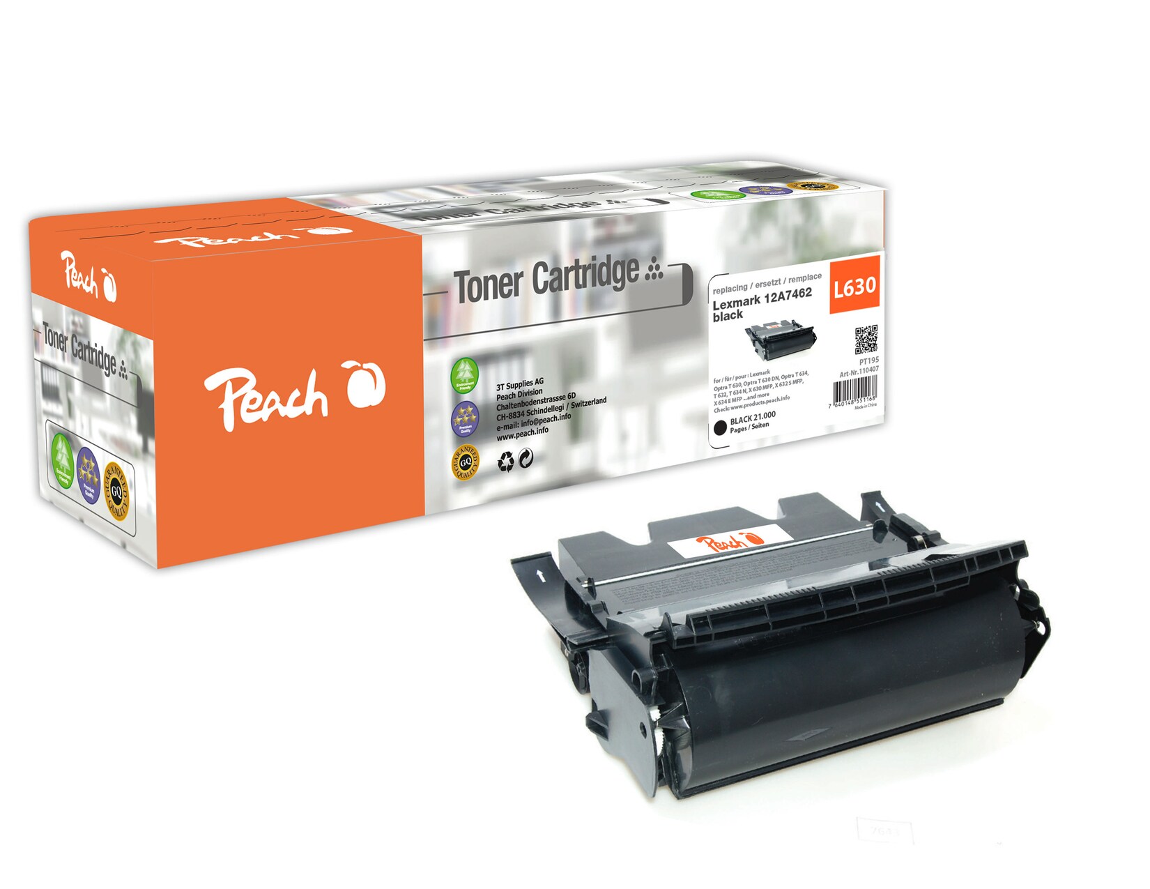Peach L63 XBK Toner bk ersetzt Lexmark No. 63XBK, 12A7362 für z.B. Lexmark Optra T 630, Lexmark Optra T 630 DN, Lexmark Optra T 630 N (wiederaufbereitet)