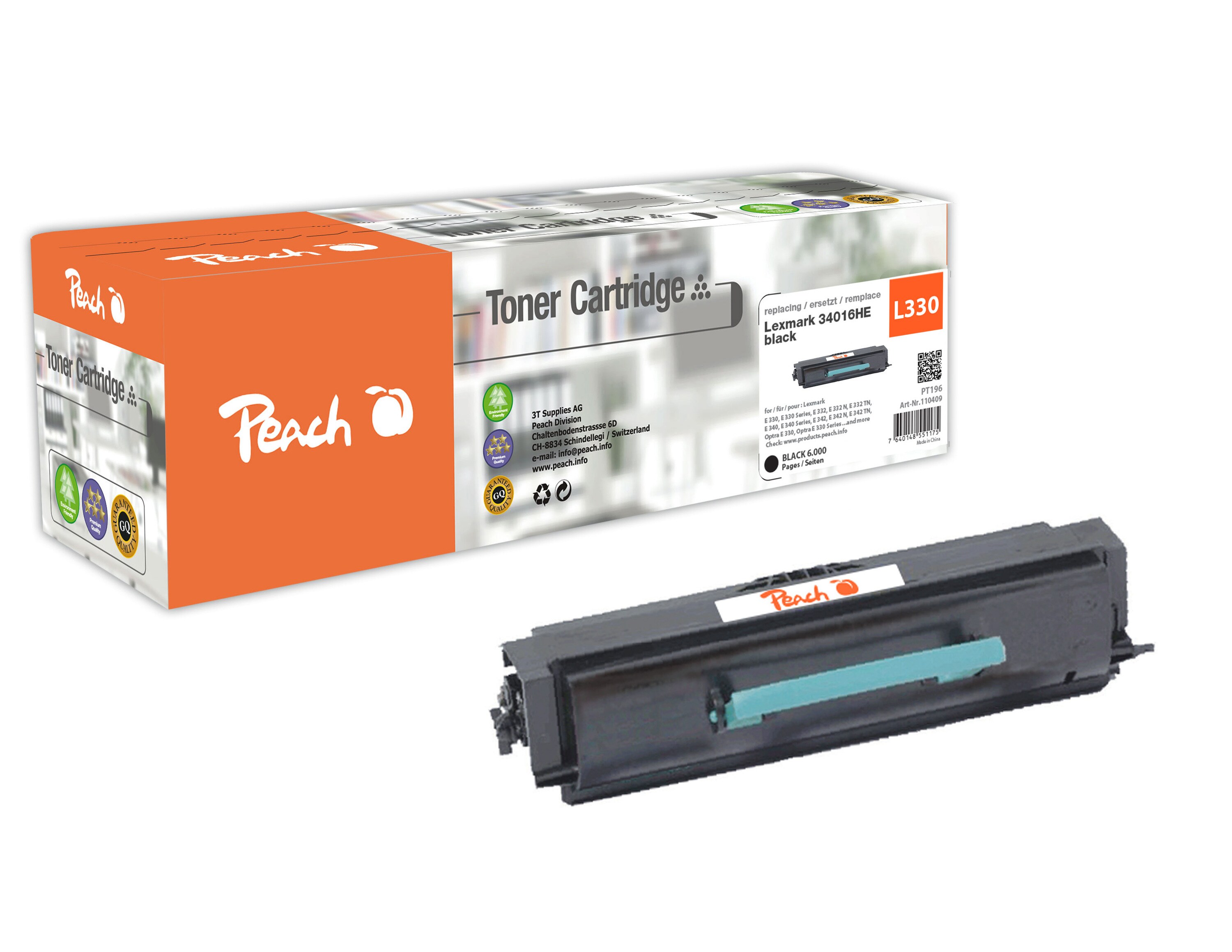 Peach L330  Toner bk ersetzt Lexmark No. 330, No. 340BK, 34016HE f&uuml;r z.B. Lexmark E 330, Lexmark E 332, Lexmark E 332 N, Lexmark E 332 TN (wiederaufbereitet) - Bild 1