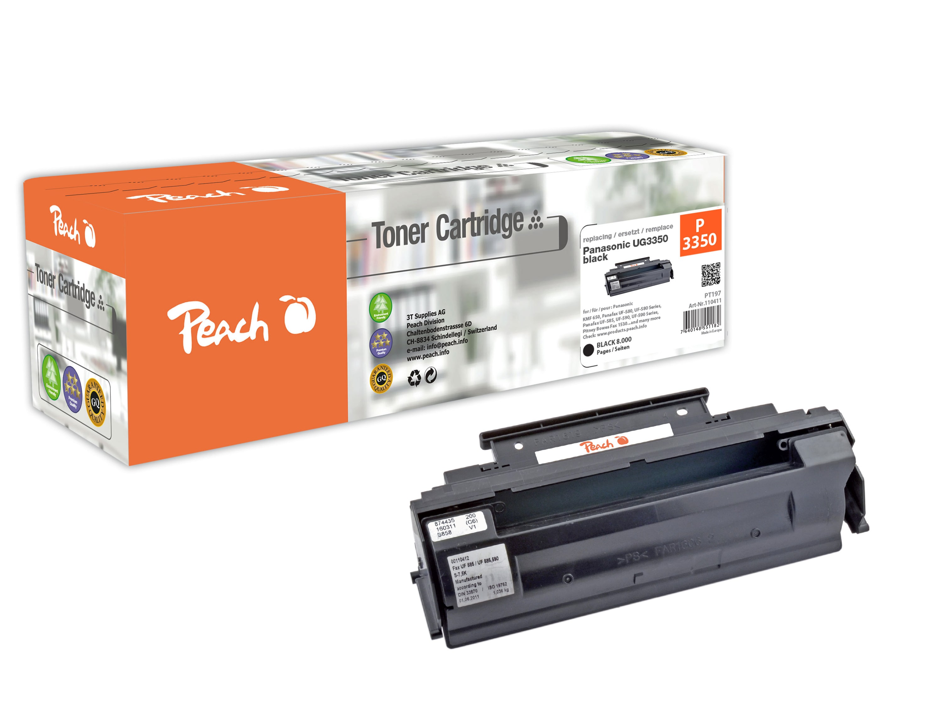 Peach P3350  Toner bk ersetzt Panasonic, Kyocera, Pitney Bowes UG3350 f&uuml;r z.B. Kyocera KMF 650, Panasonic Panafax UF -580, Panasonic UF 580 (wiederaufbereitet) - Bild 1