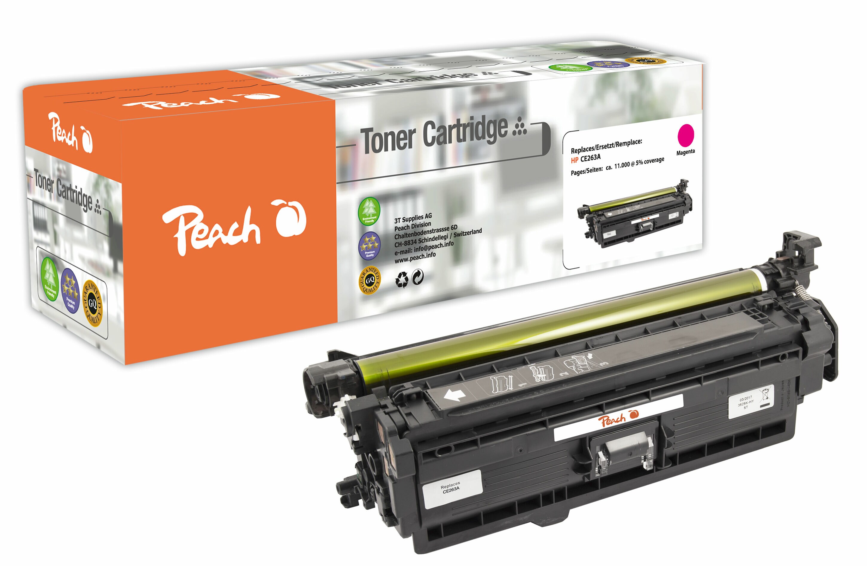 Peach HP 648 AM Toner ma ersetzt HP No. 648A M, CE263A f&uuml;r z.B. HP Color LaserJet CP 4500, HP Color LaserJet CP 4520 dn (wiederaufbereitet) - Bild 1